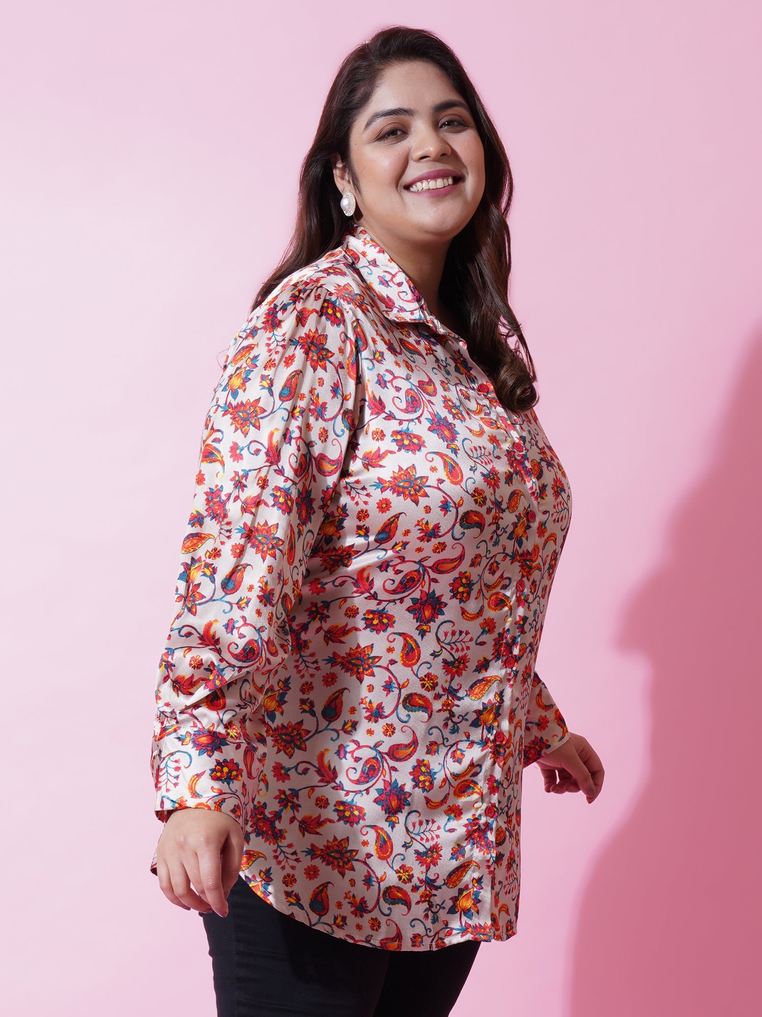 Women Plus Size Beige Satin Floral Printed Shirt Style Top