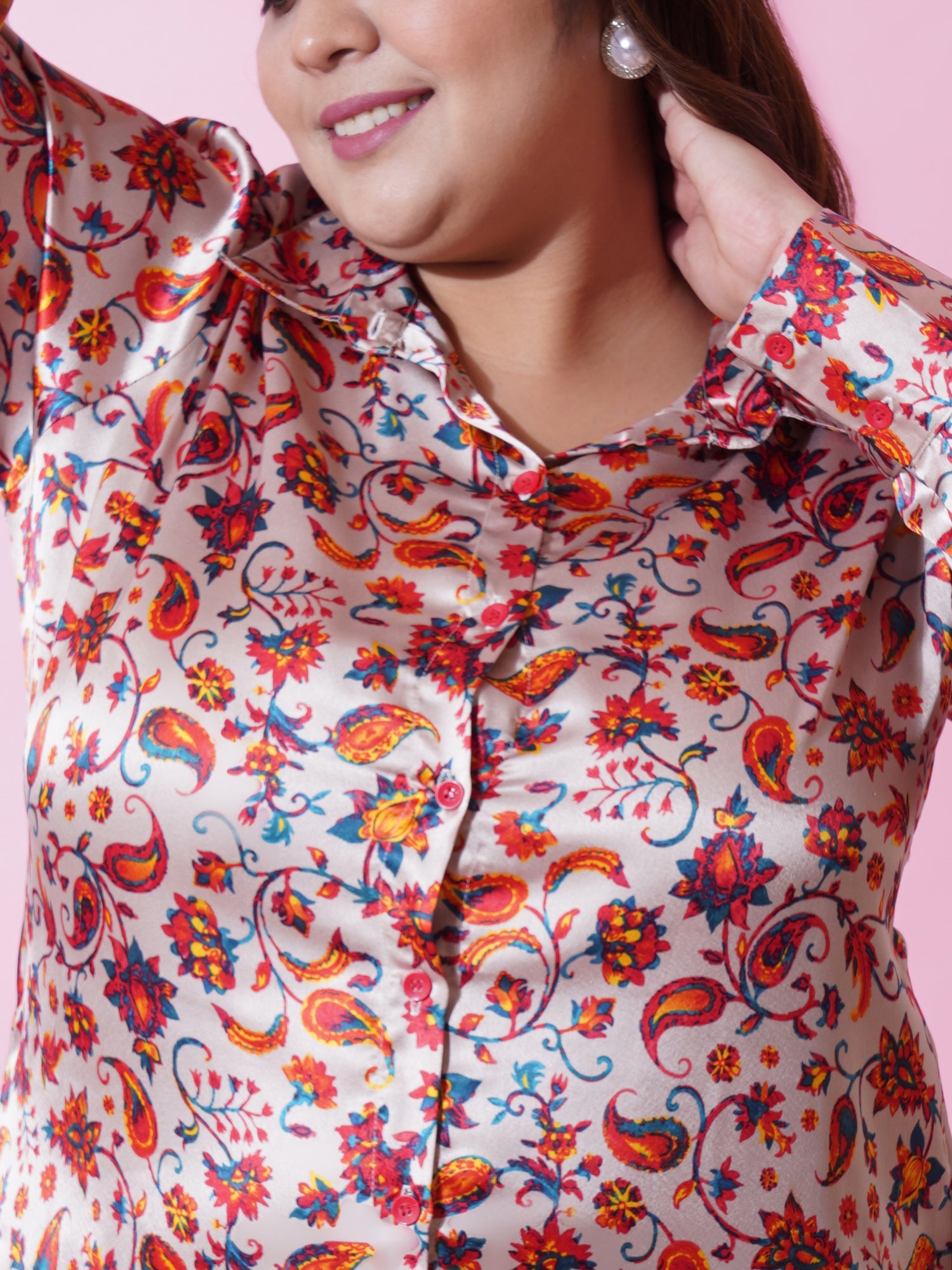 Women Plus Size Beige Satin Floral Printed Shirt Style Top