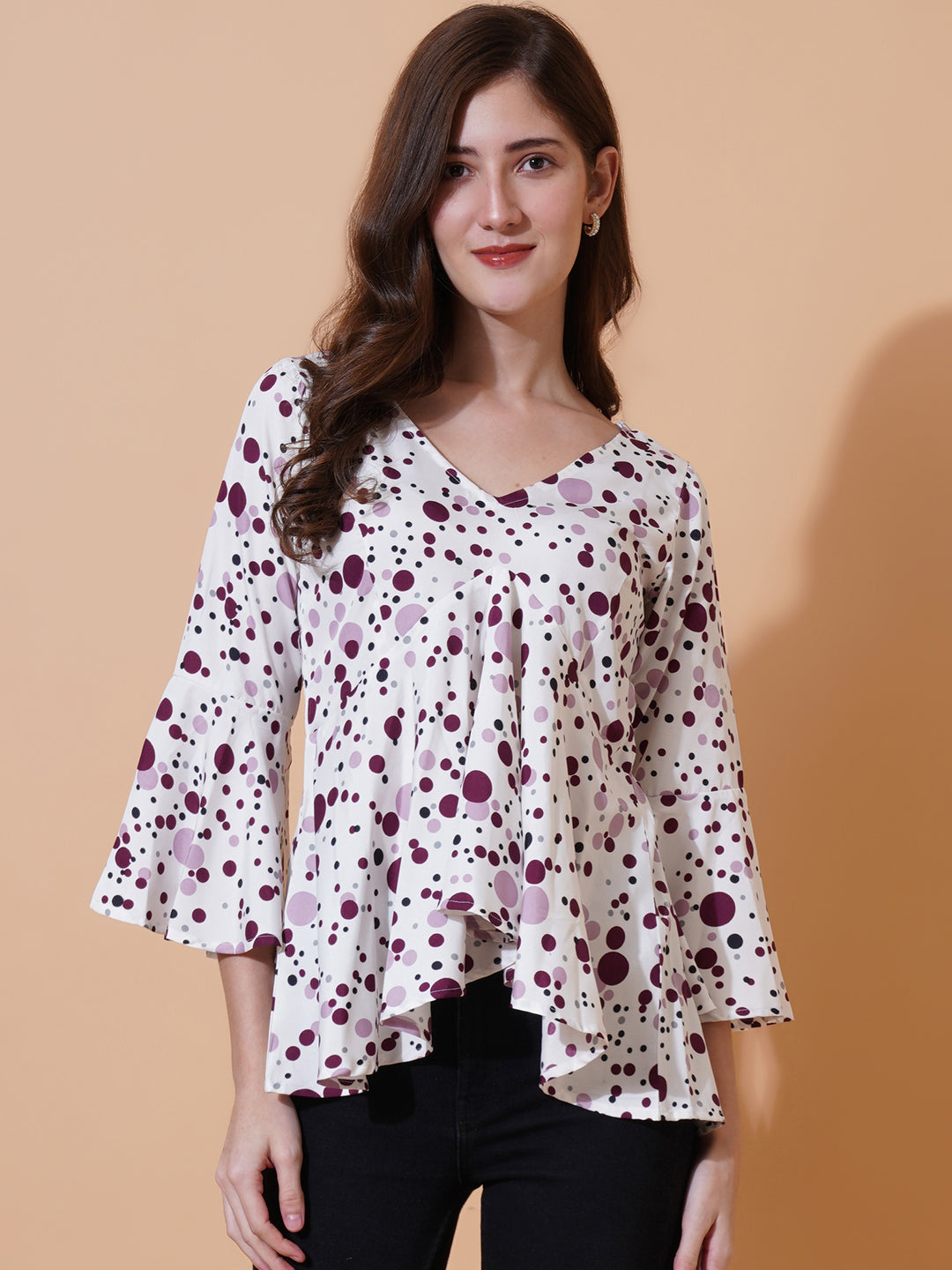 Women Polka Dot Printed V-Neck Crepe High-Low Top