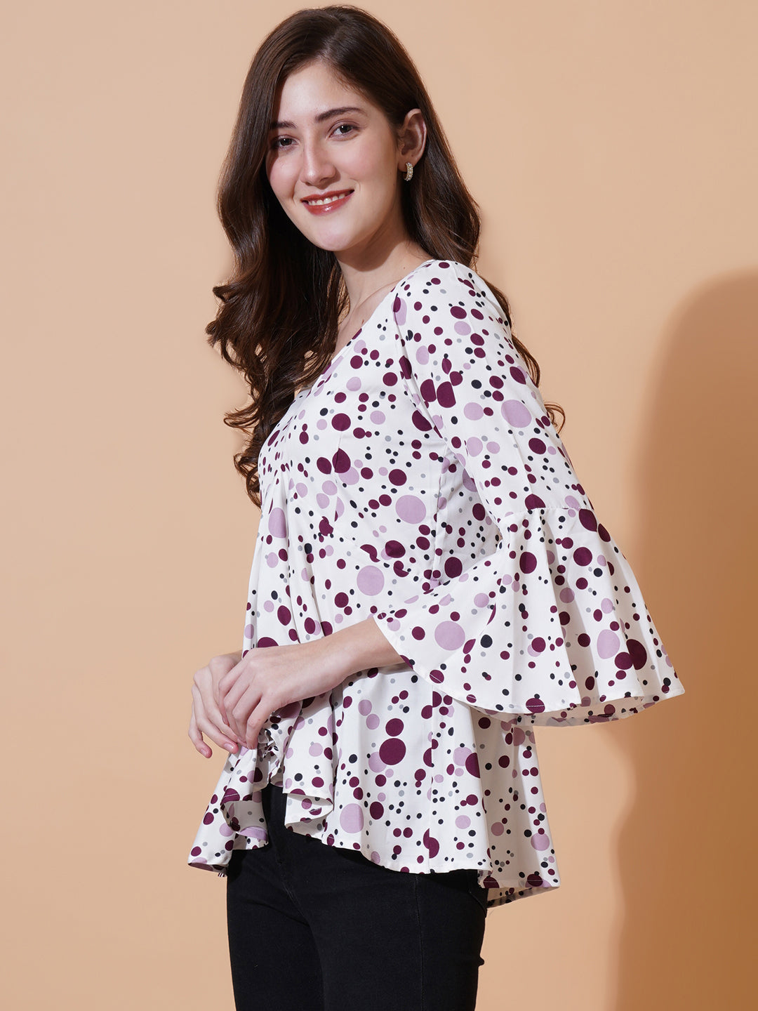 Women Polka Dot Printed V-Neck Crepe High-Low Top