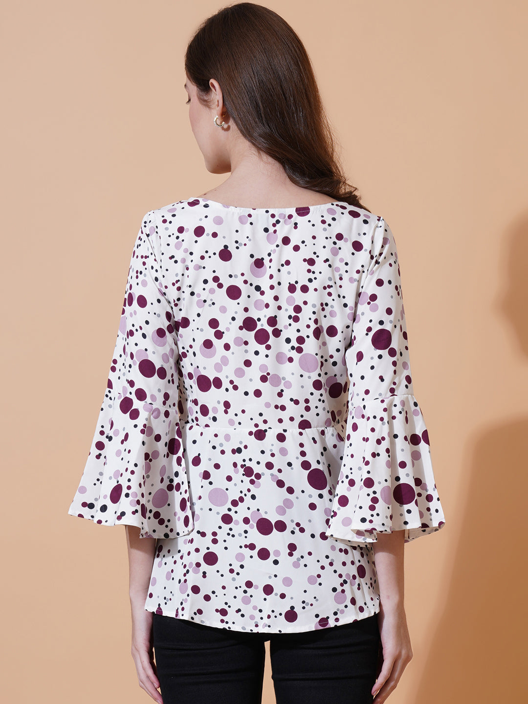 Women Polka Dot Printed V-Neck Crepe High-Low Top