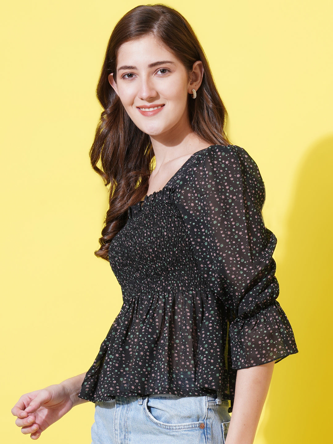 Women Floral Printed Puff Sleeve Gathered Smocked Georgette Peplum Top