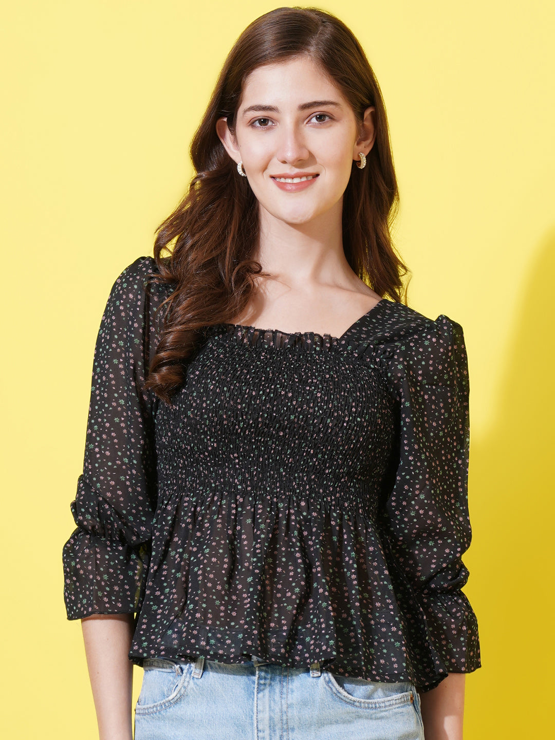 Women Floral Printed Puff Sleeve Gathered Smocked Georgette Peplum Top