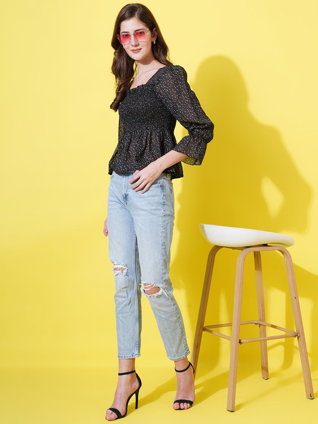 Women Floral Printed Puff Sleeve Gathered Smocked Georgette Peplum Top