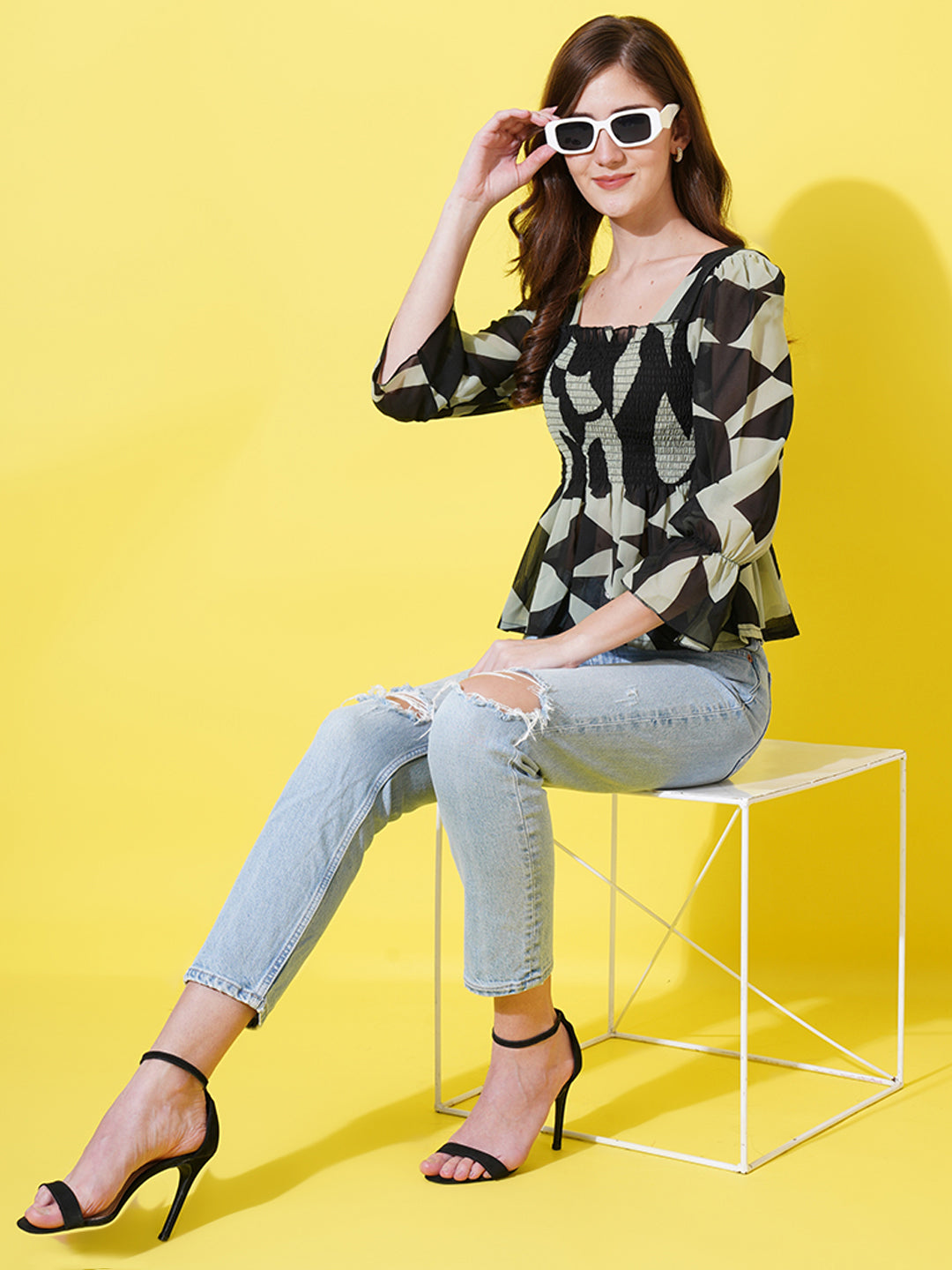 Women Abstract Printed Square Neck Smoked Style Peplum Top