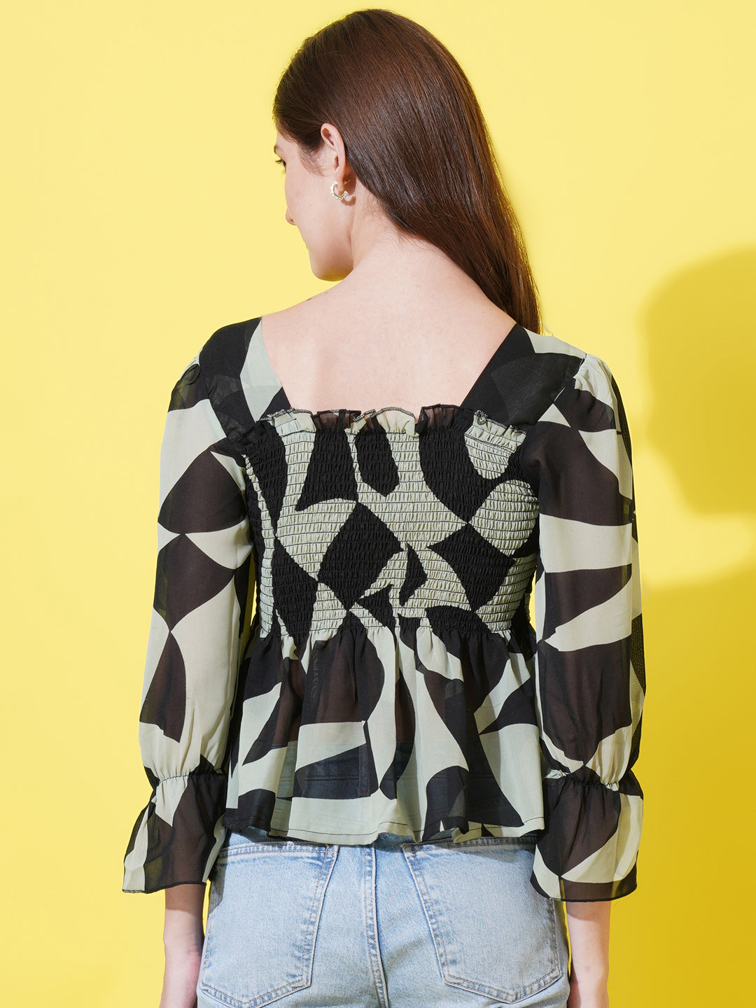 Women Abstract Printed Square Neck Smoked Style Peplum Top