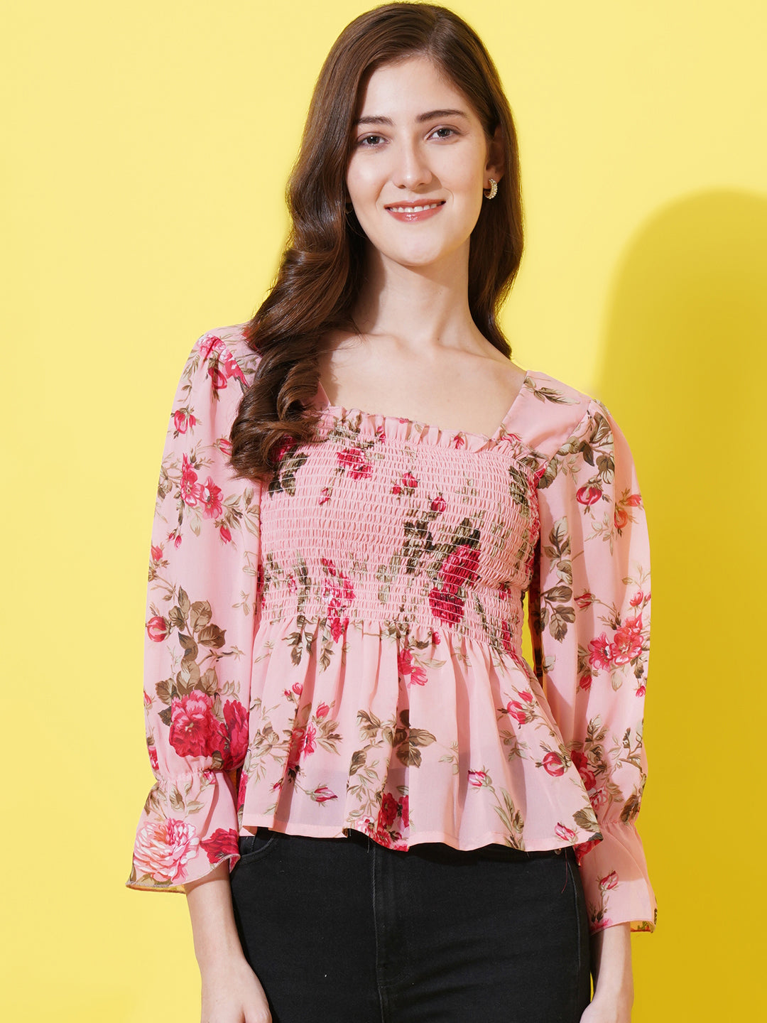 Women Pink Floral Print Bell Sleeve Georgette Peplum Top