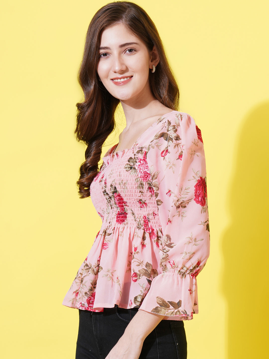 Women Pink Floral Print Bell Sleeve Georgette Peplum Top