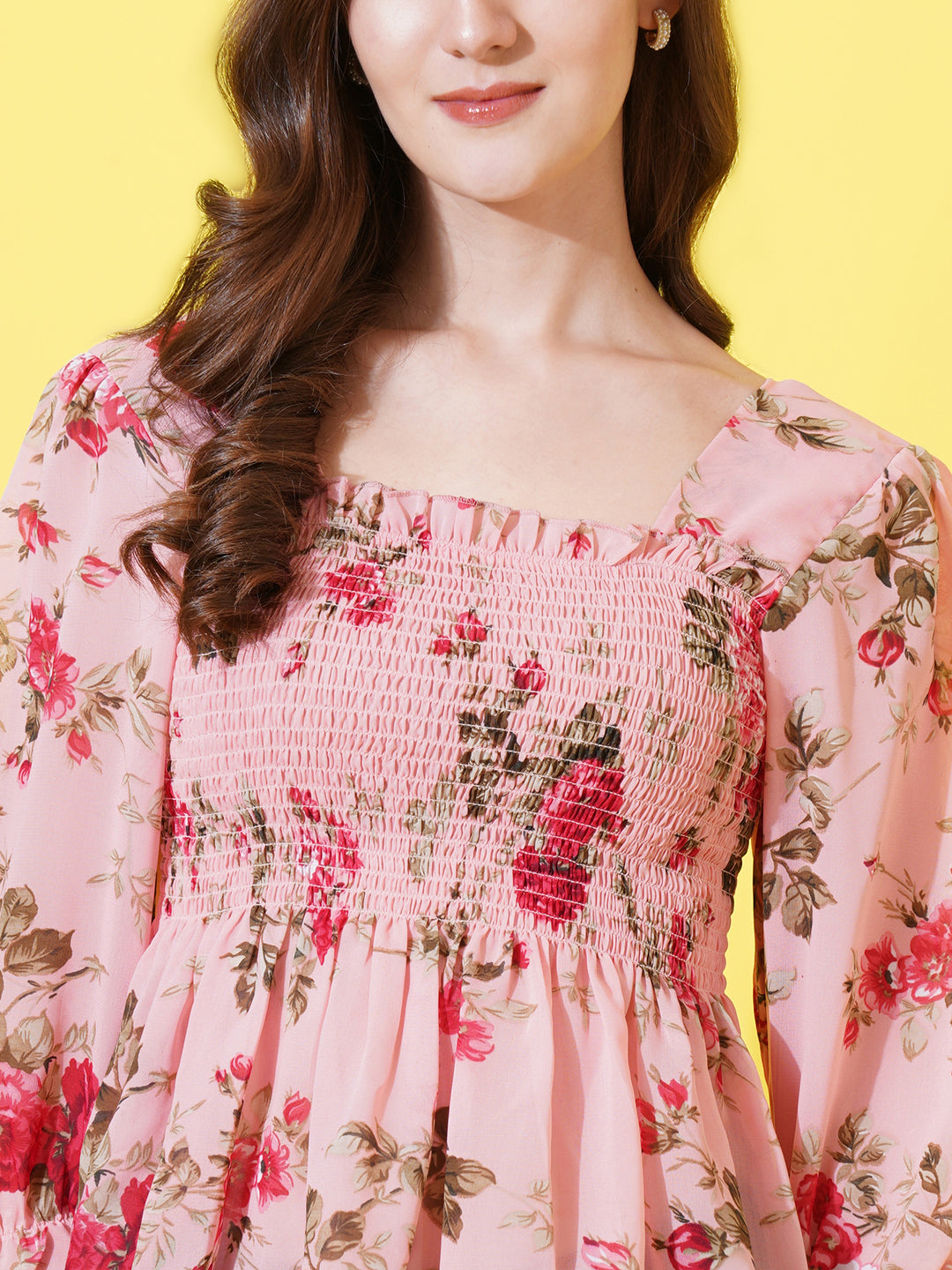 Women Pink Floral Print Bell Sleeve Georgette Peplum Top