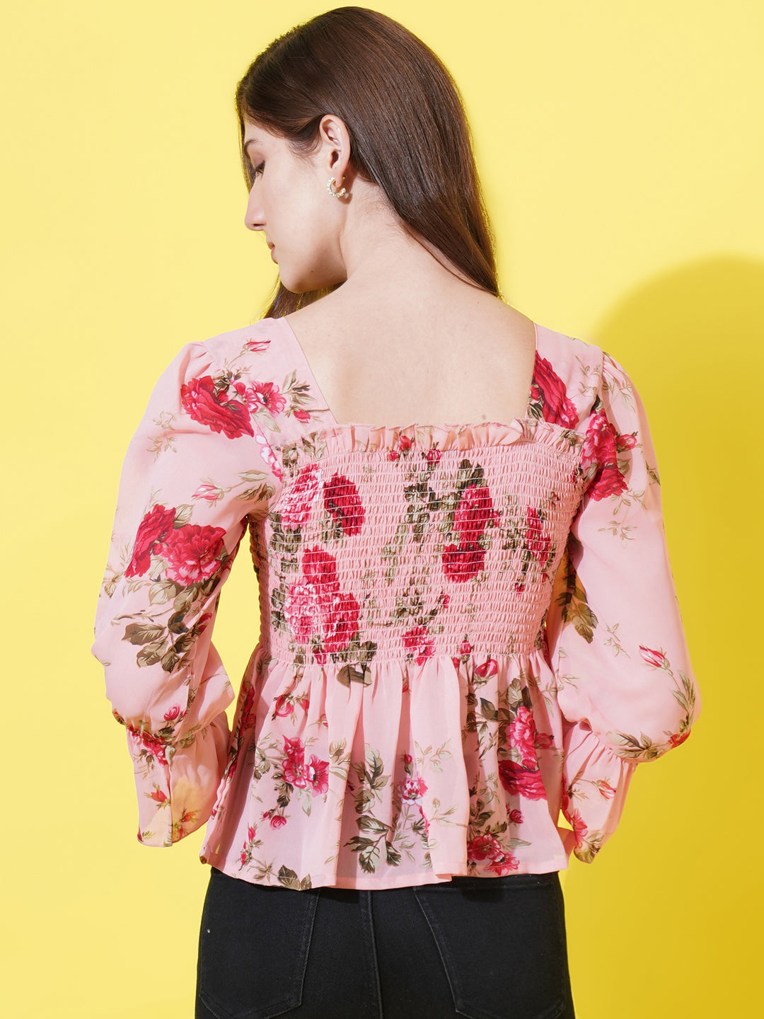 Women Pink Floral Print Bell Sleeve Georgette Peplum Top