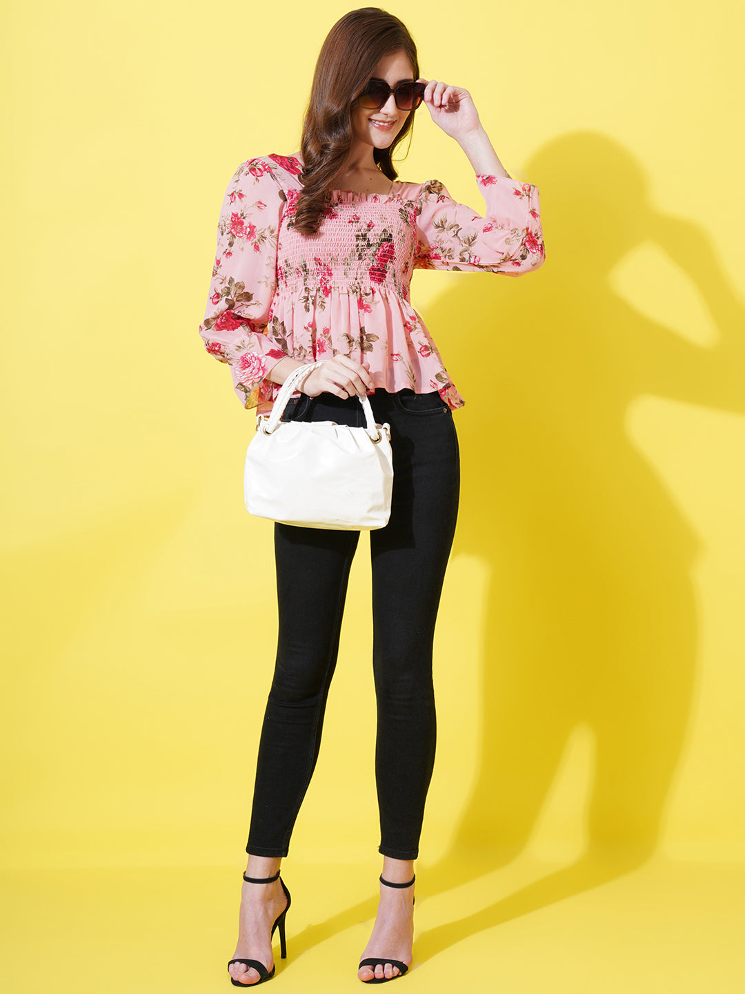 Women Pink Floral Print Bell Sleeve Georgette Peplum Top