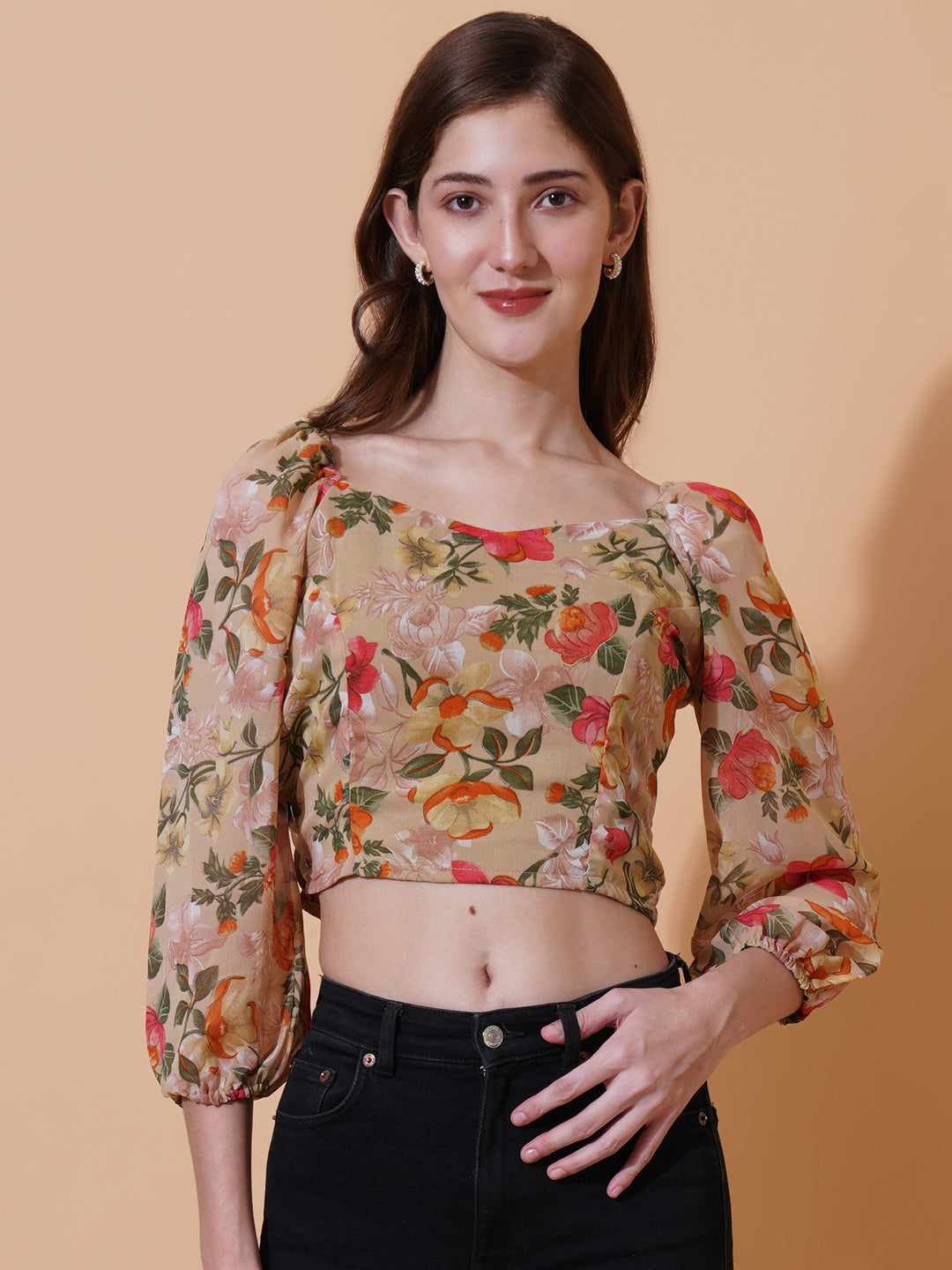Women Floral Printed Puff Sleeves Smocking Georgette Crop Top