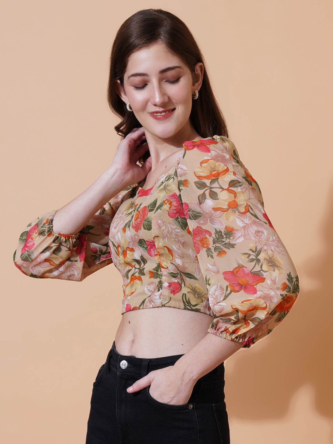 Women Floral Printed Puff Sleeves Smocking Georgette Crop Top