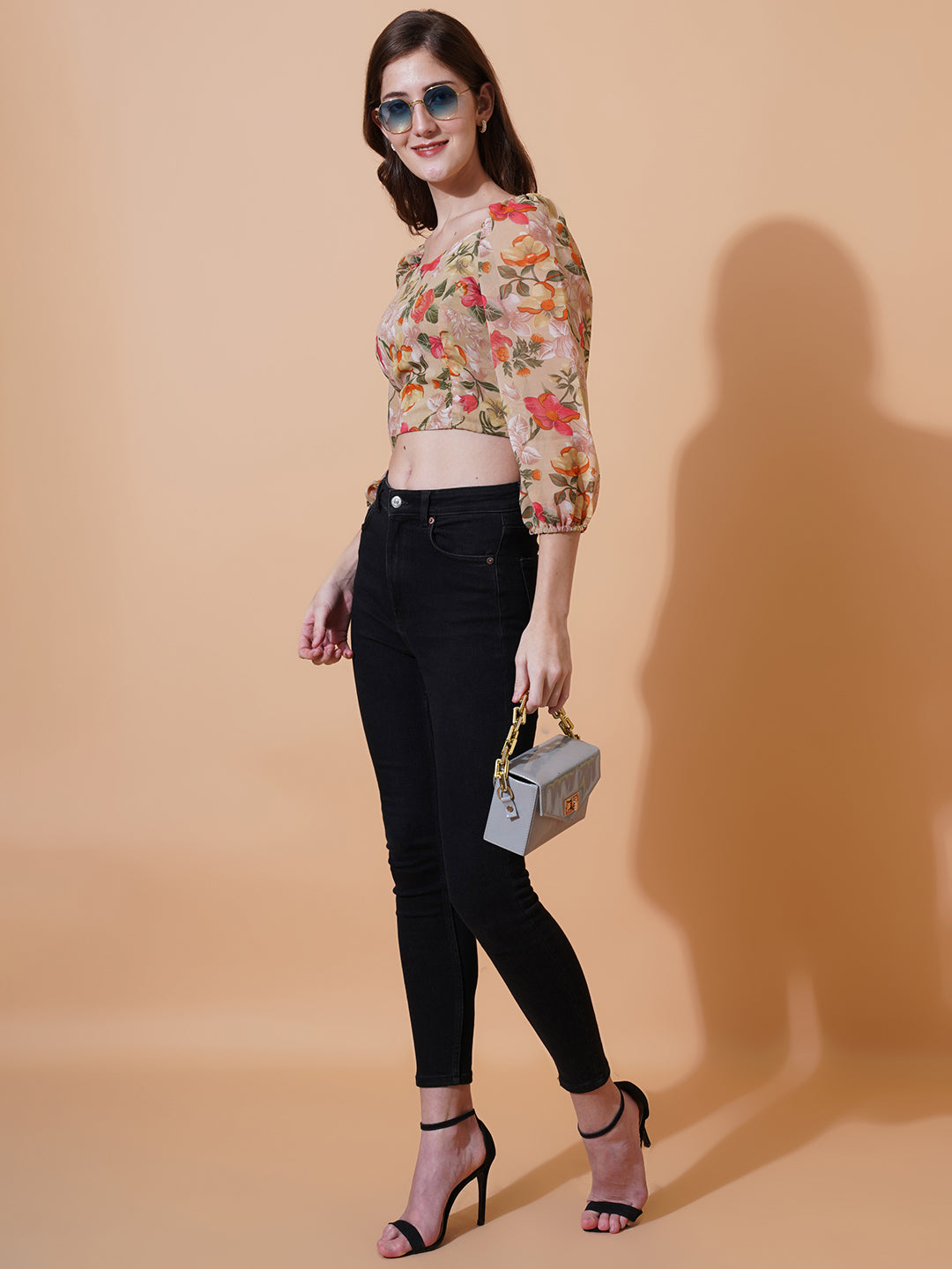 Women Floral Printed Puff Sleeves Smocking Georgette Crop Top