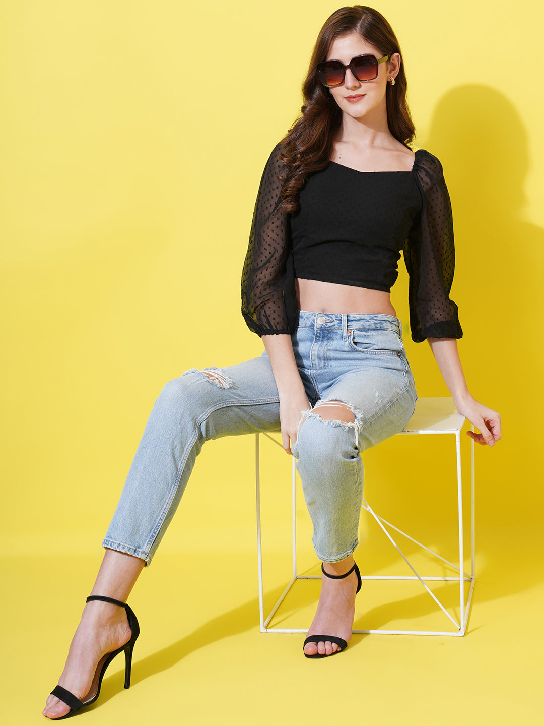 Women Black Self Design Puff Sleeves Georgette Crop Top