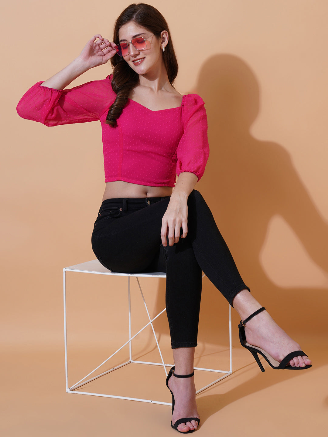 Women Self Design Sweetheart Neck Puff Sleeves Smocking Georgette Crop Top