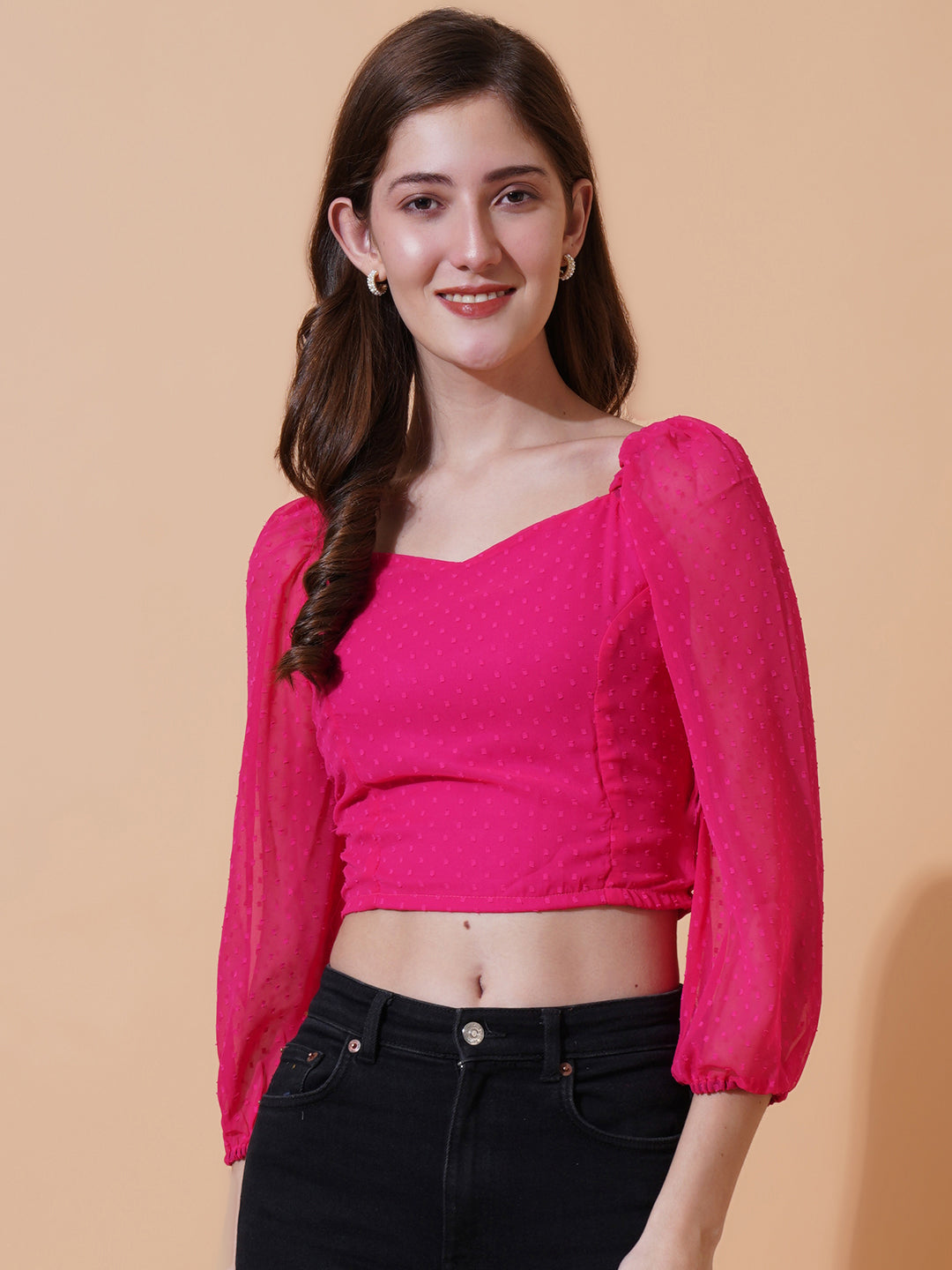 Women Self Design Sweetheart Neck Puff Sleeves Smocking Georgette Crop Top