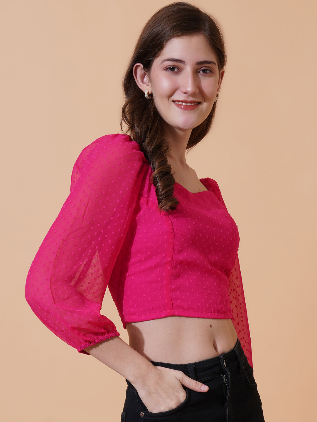 Women Self Design Sweetheart Neck Puff Sleeves Smocking Georgette Crop Top