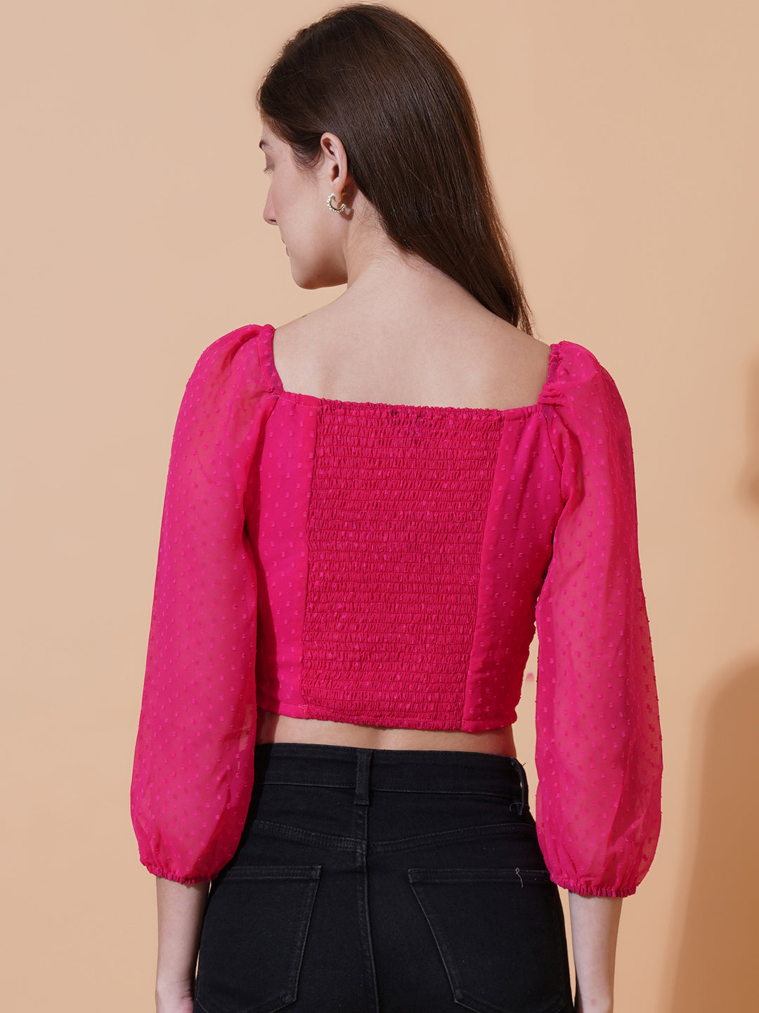 Women Self Design Sweetheart Neck Puff Sleeves Smocking Georgette Crop Top