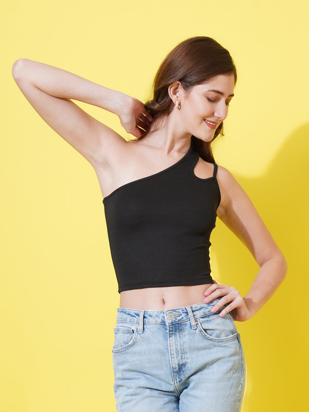 Women One Shoulder Cut Out Crepe Fitted Crop Top