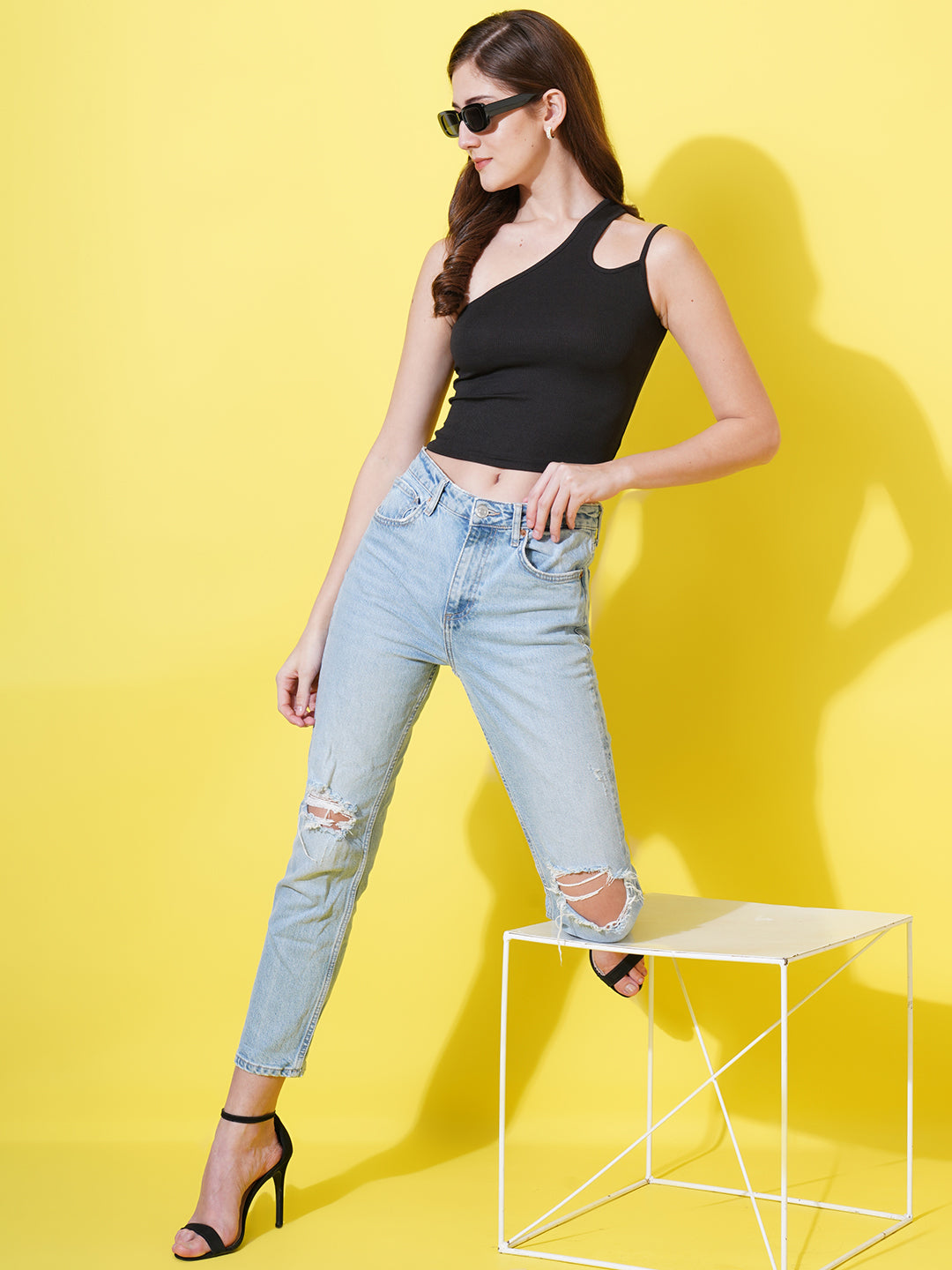 Women One Shoulder Cut Out Crepe Fitted Crop Top