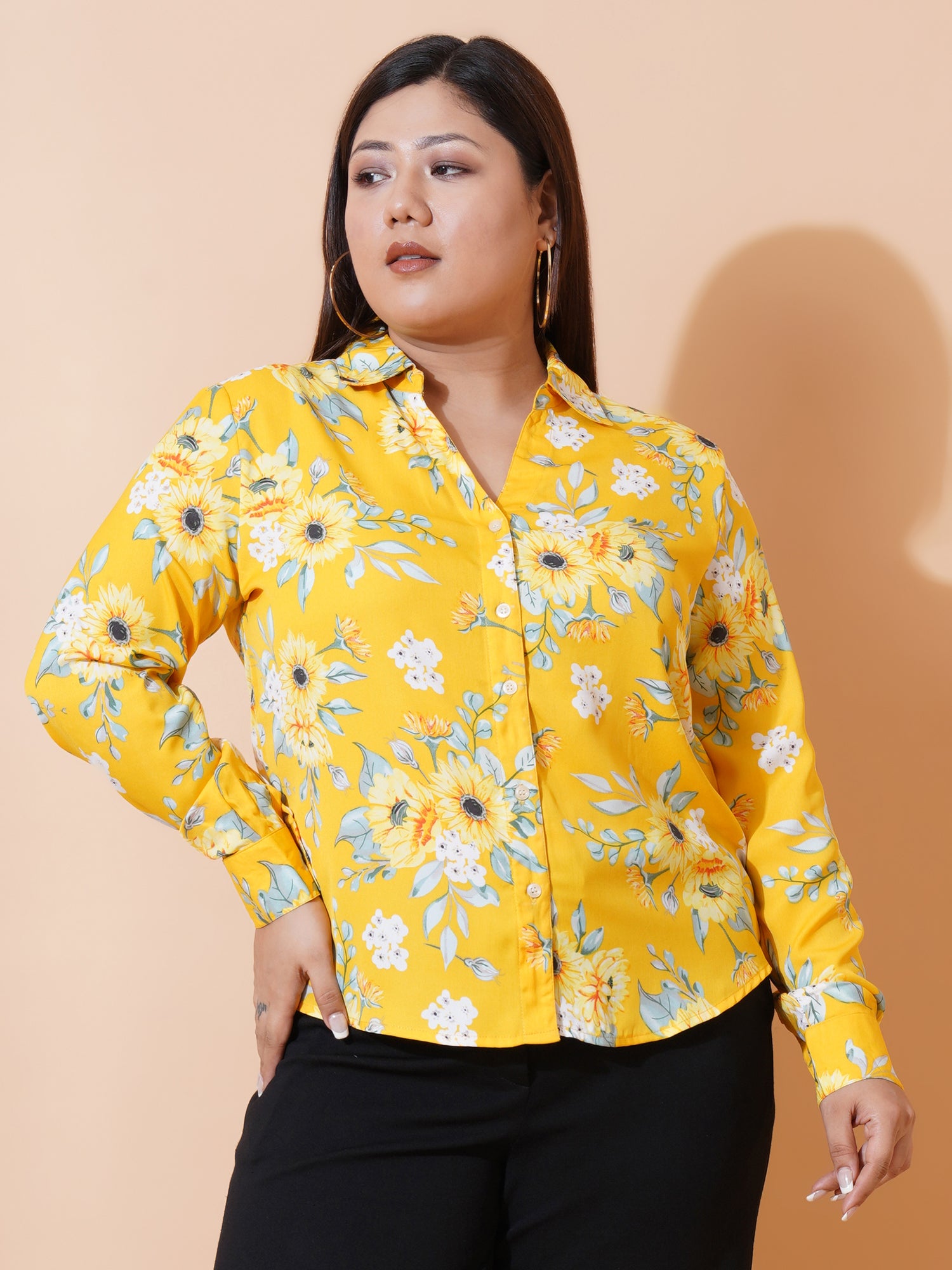 Women Plus Size Relaxed Floral Opaque Printed Casual Shirt