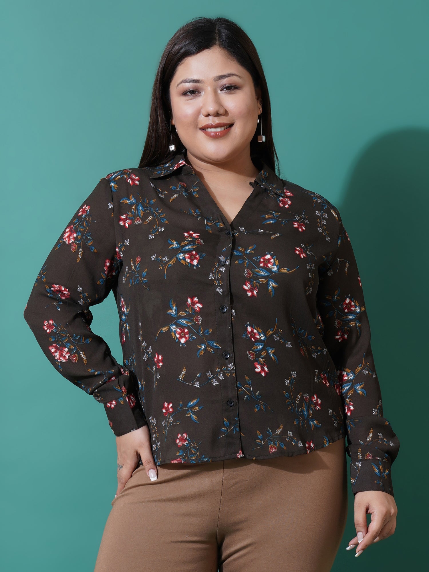 Women Plus Size Relaxed Floral Opaque Printed Casual Shirt