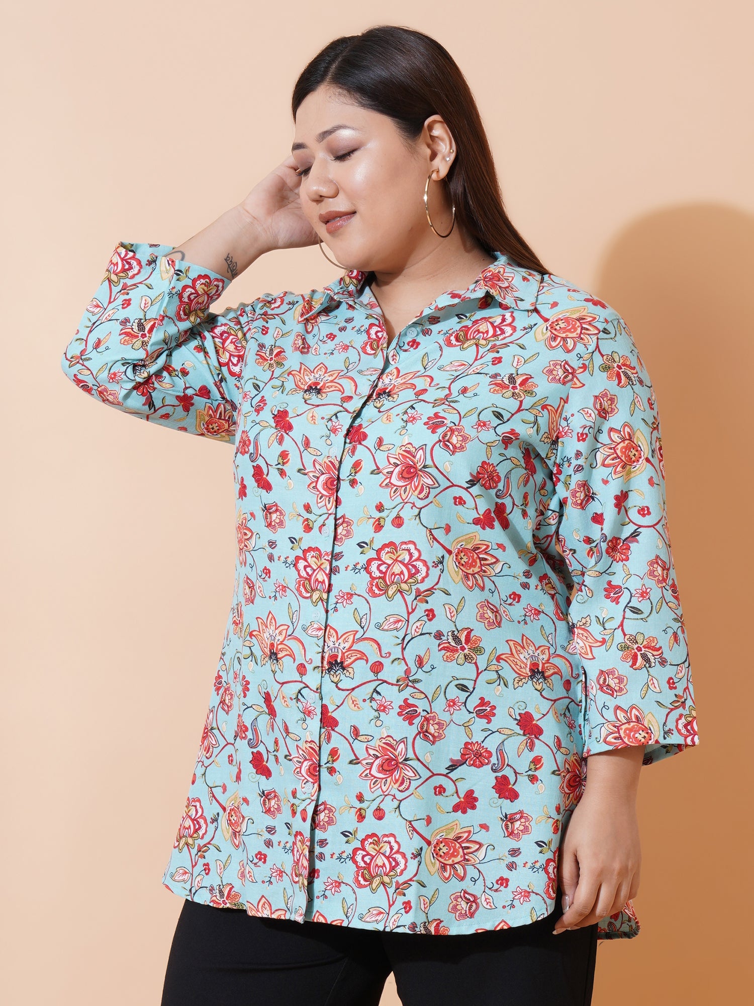 Women Plus Size Relaxed Floral Opaque Printed Casual Shirt