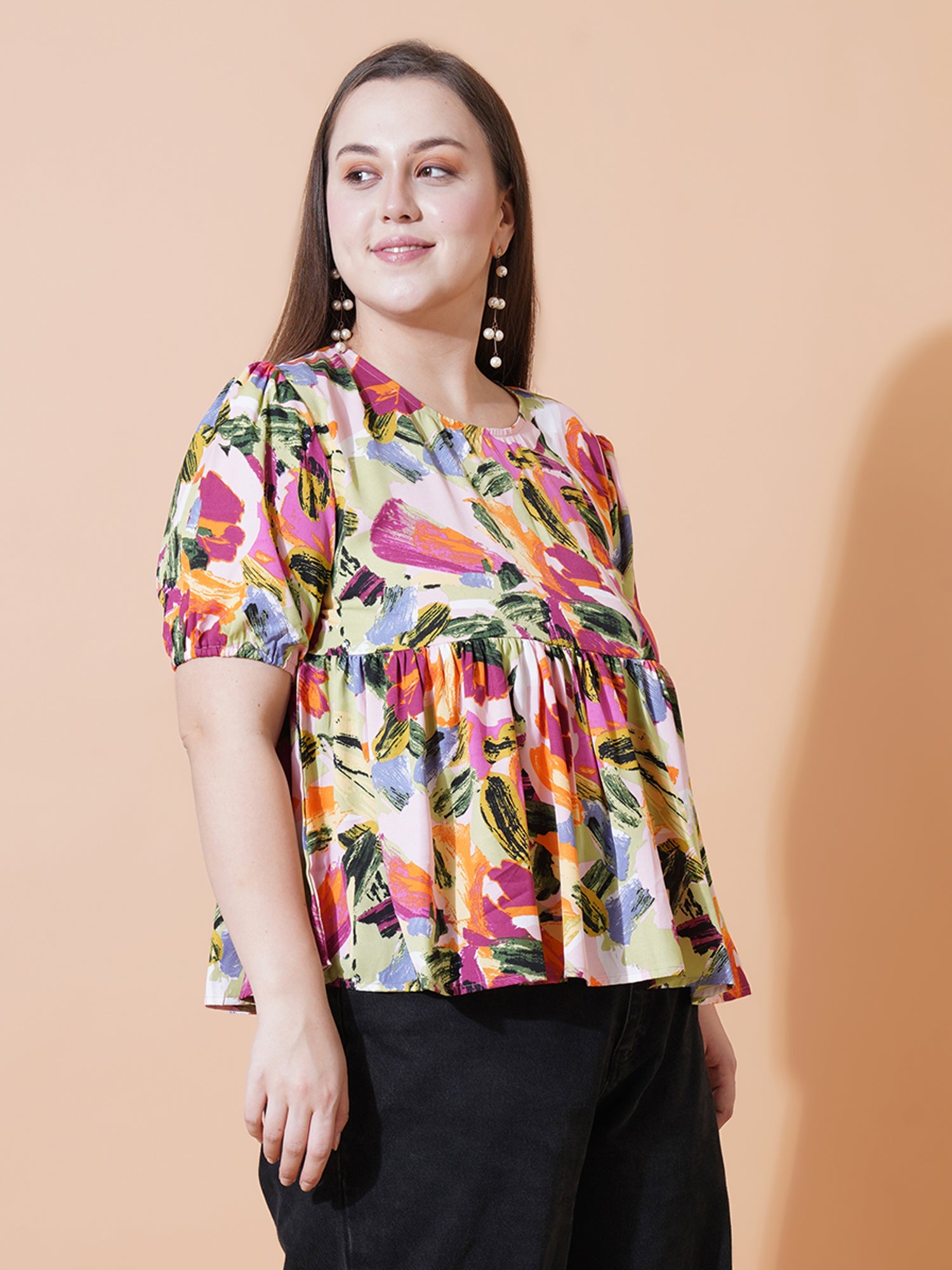 Women Plus Size Printed Puff Sleeve Crepe Top