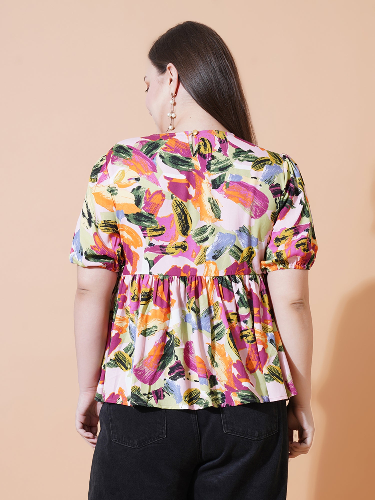 Women Plus Size Printed Puff Sleeve Crepe Top