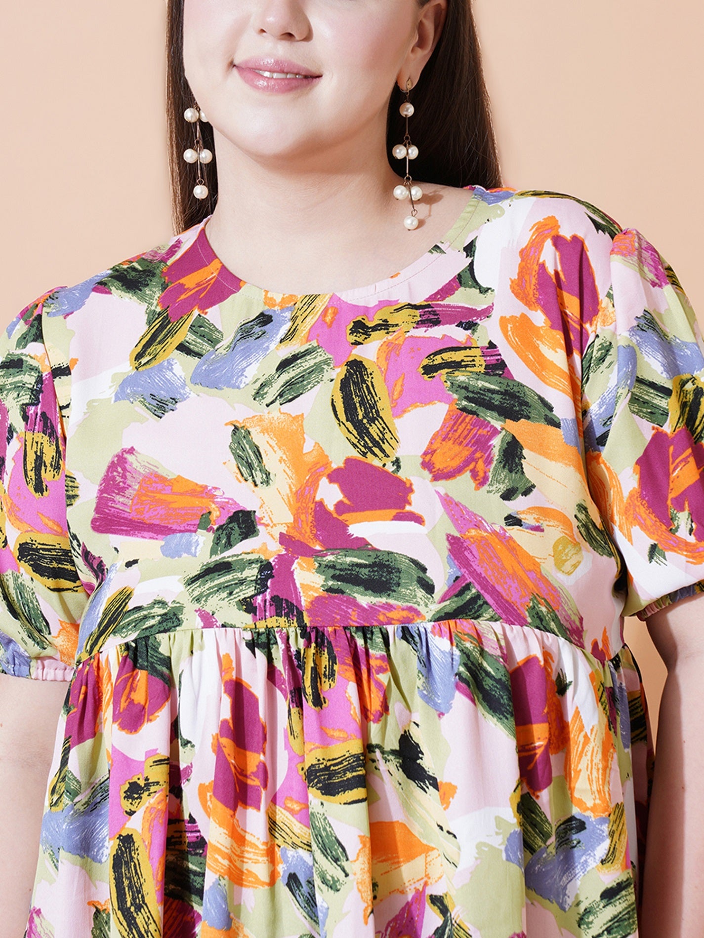 Women Plus Size Printed Puff Sleeve Crepe Top