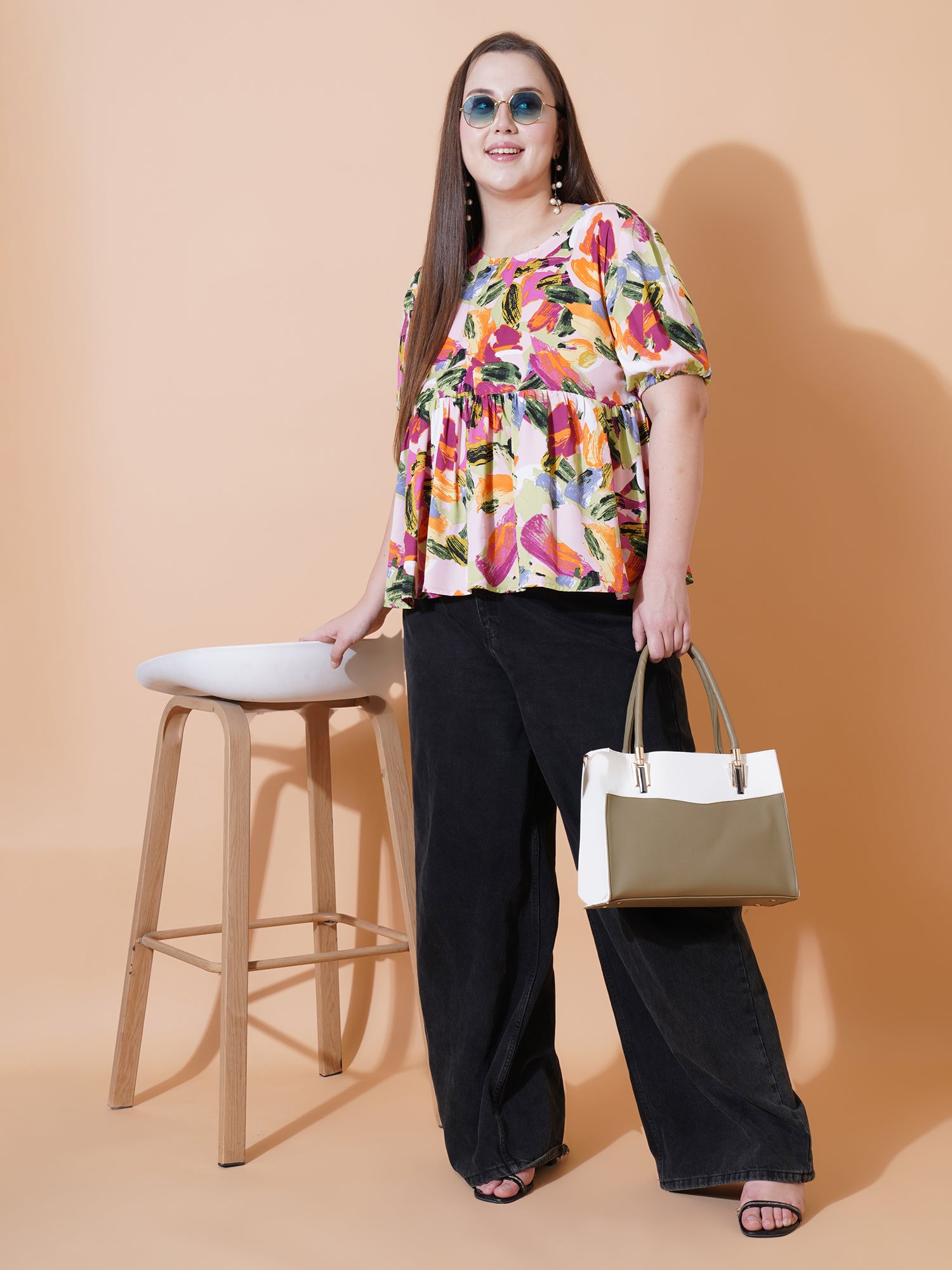 Women Plus Size Printed Puff Sleeve Crepe Top