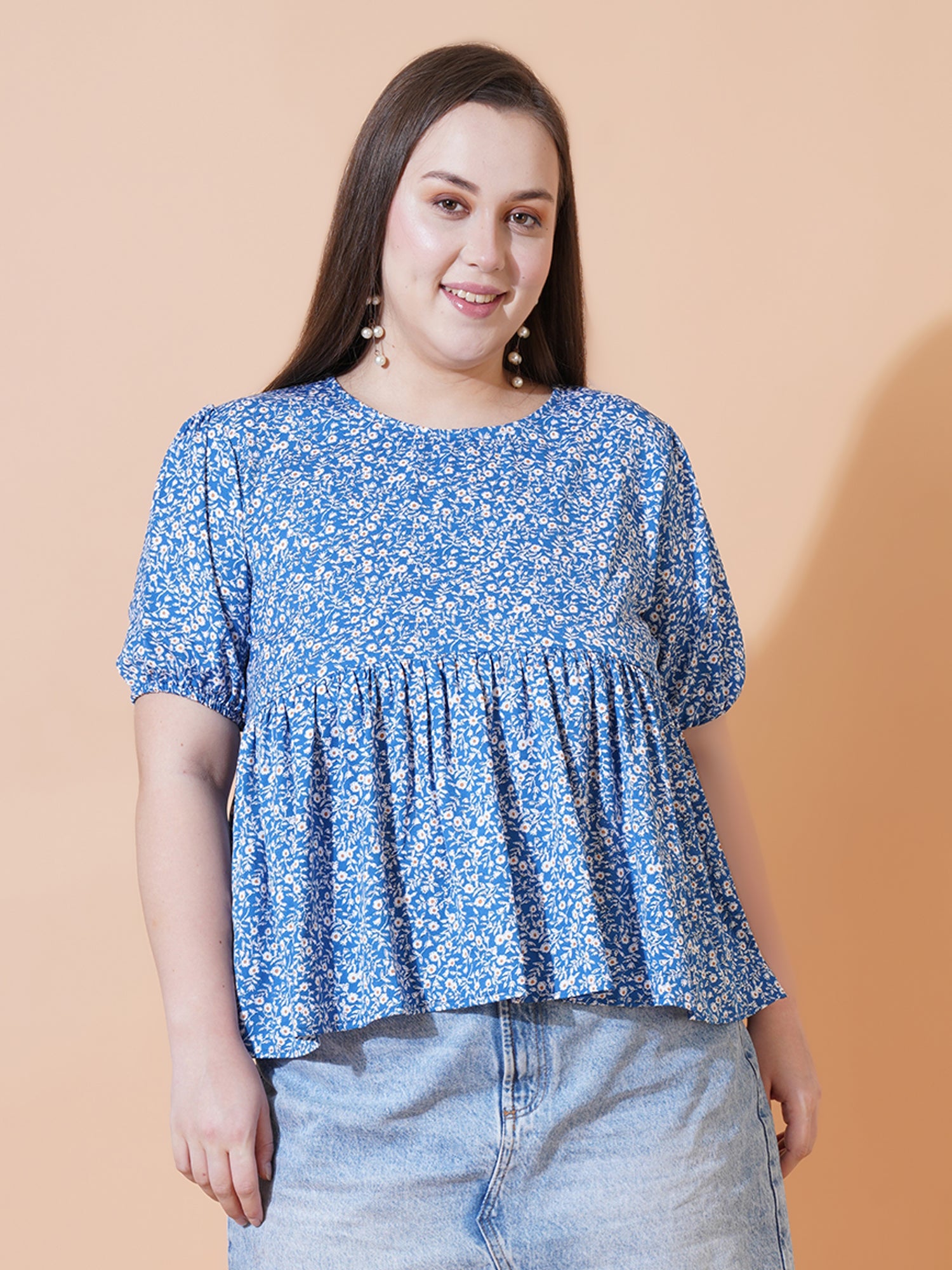 Women Plus Size Floral Print Puff Sleeve Crepe Top