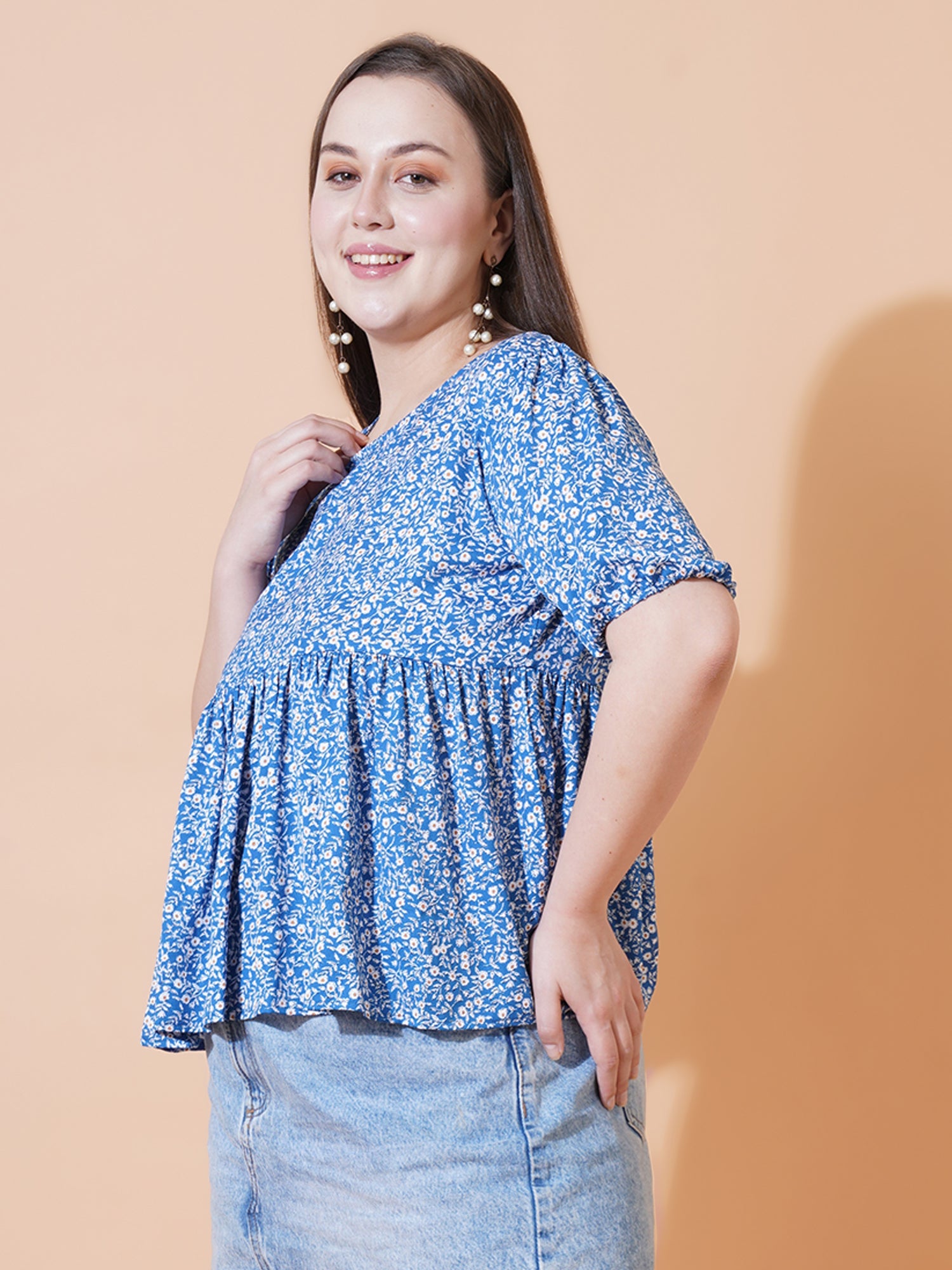 Women Plus Size Floral Print Puff Sleeve Crepe Top