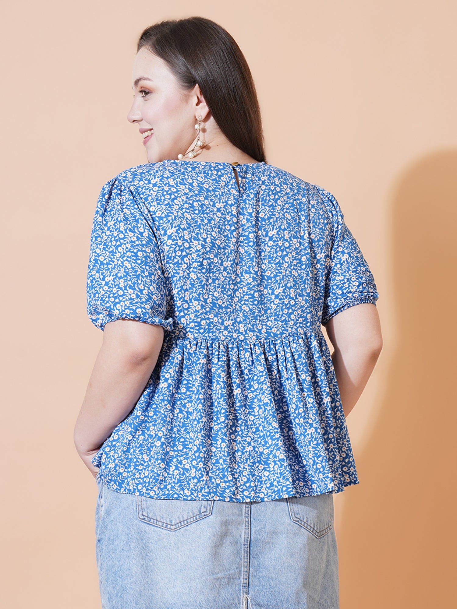 Women Plus Size Floral Print Puff Sleeve Crepe Top