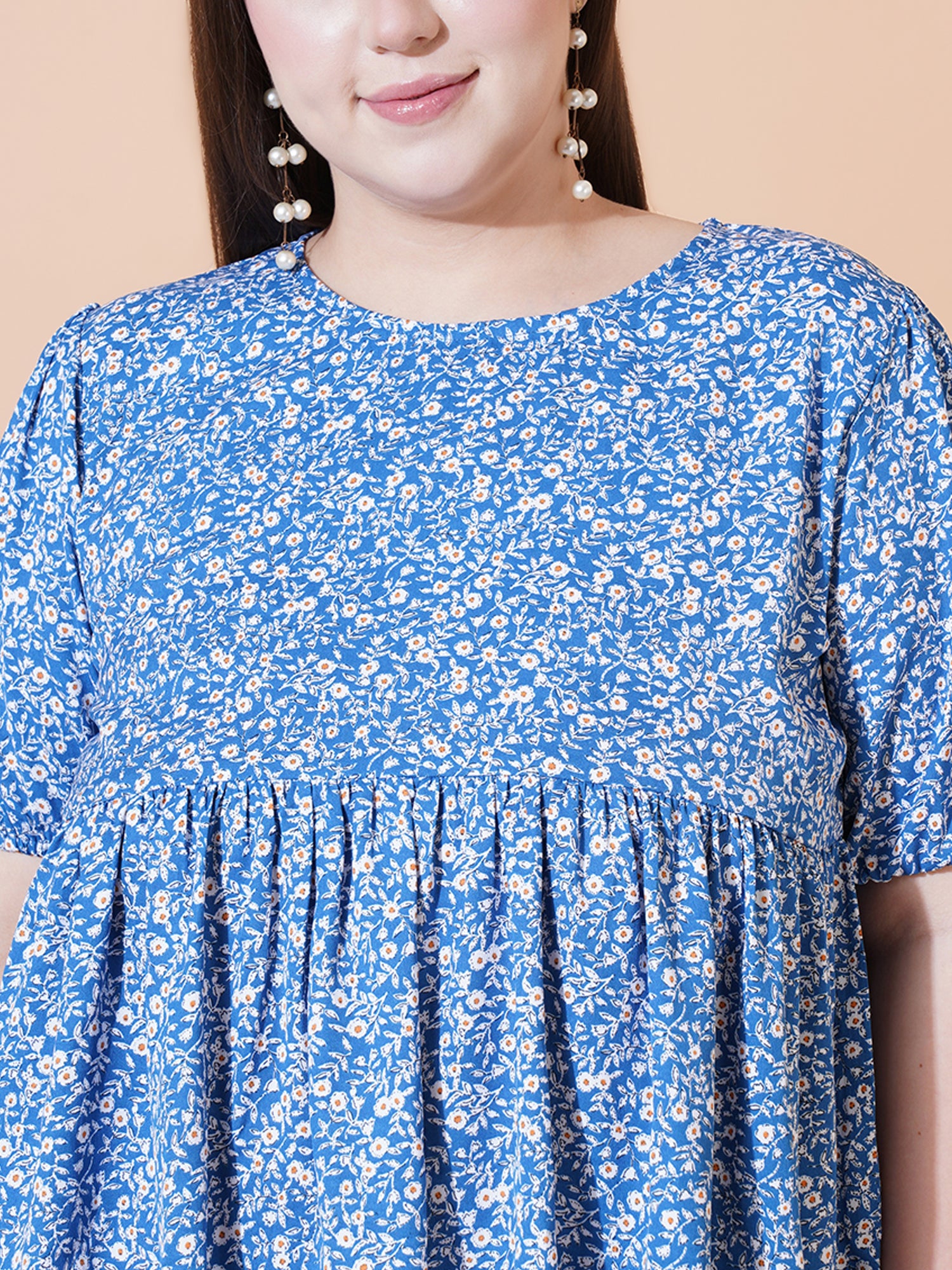 Women Plus Size Floral Print Puff Sleeve Crepe Top