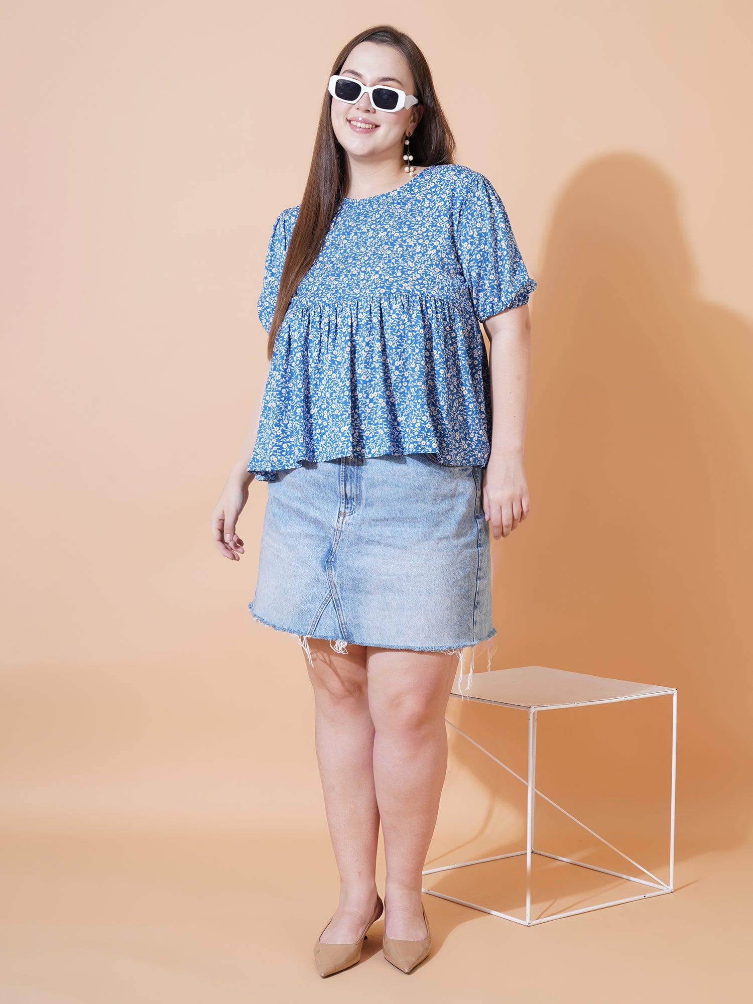 Women Plus Size Floral Print Puff Sleeve Crepe Top