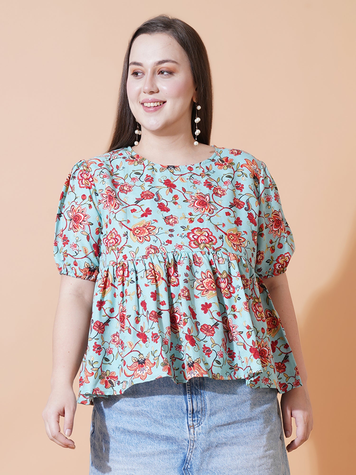 Women Plus Size Floral Printed Puff Sleeve Top