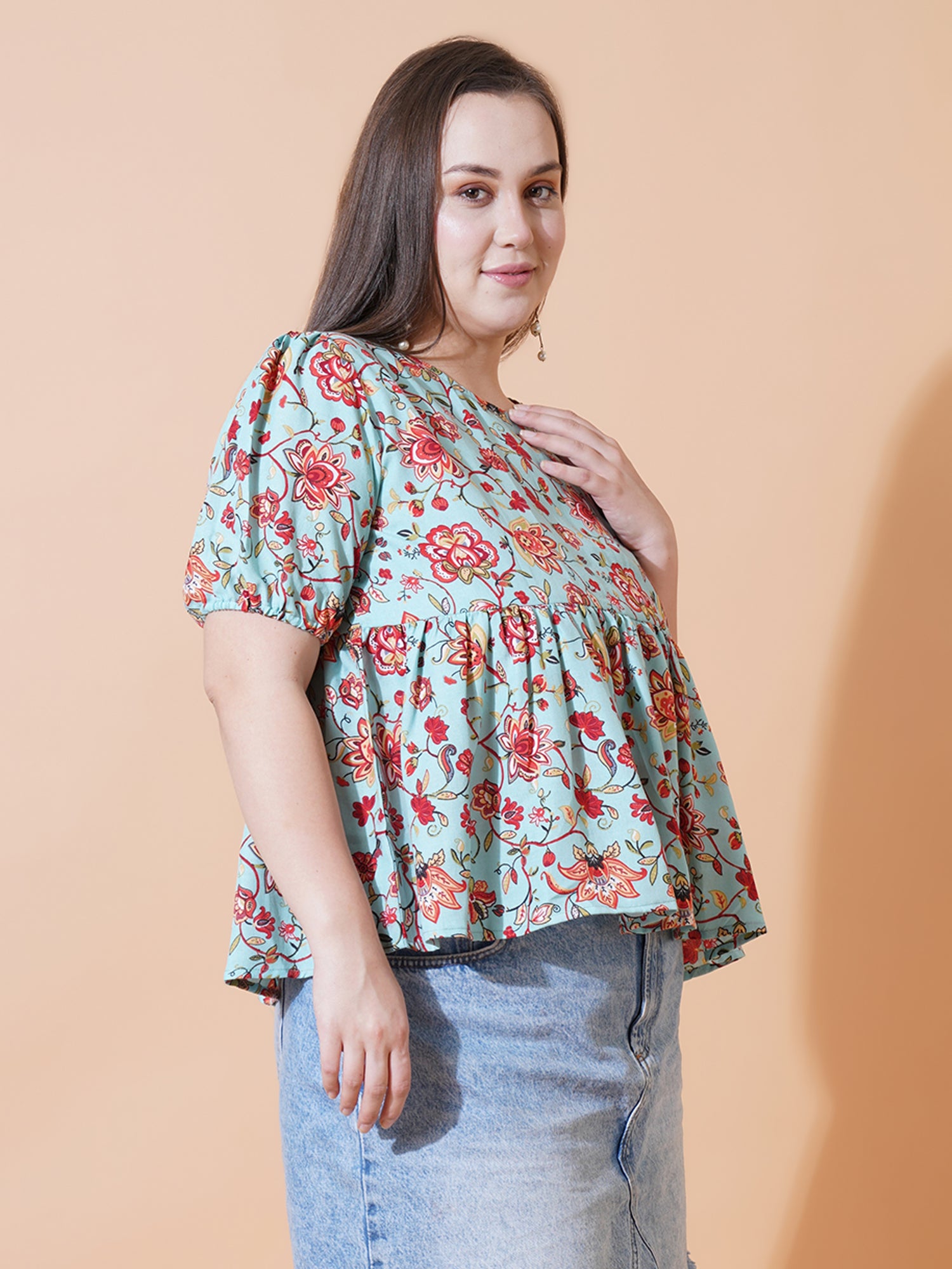 Women Plus Size Floral Printed Puff Sleeve Top
