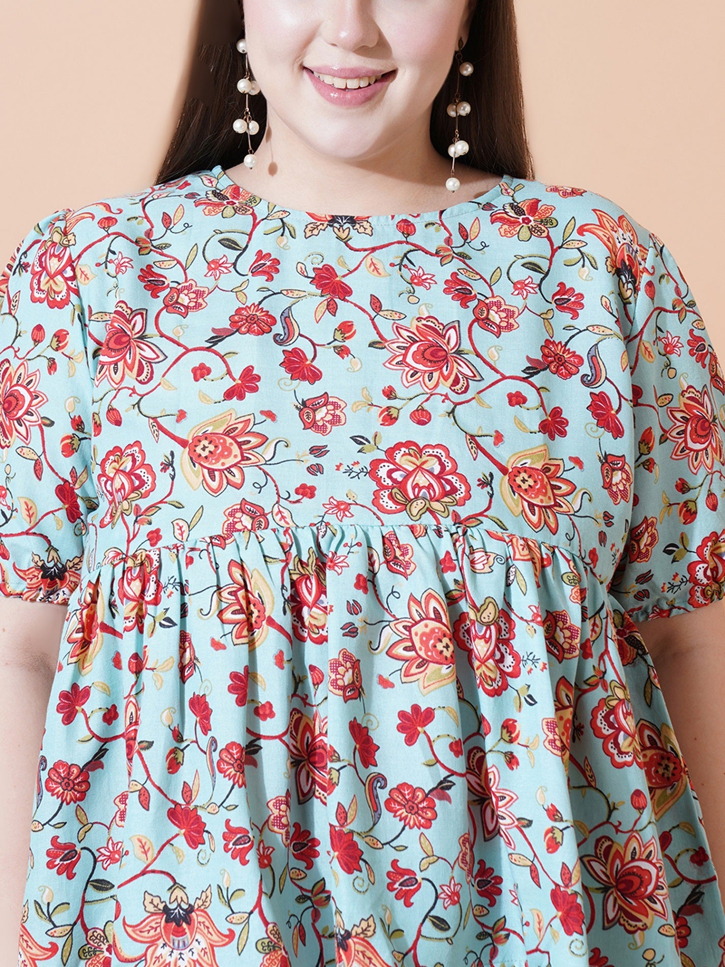 Women Plus Size Floral Printed Puff Sleeve Top