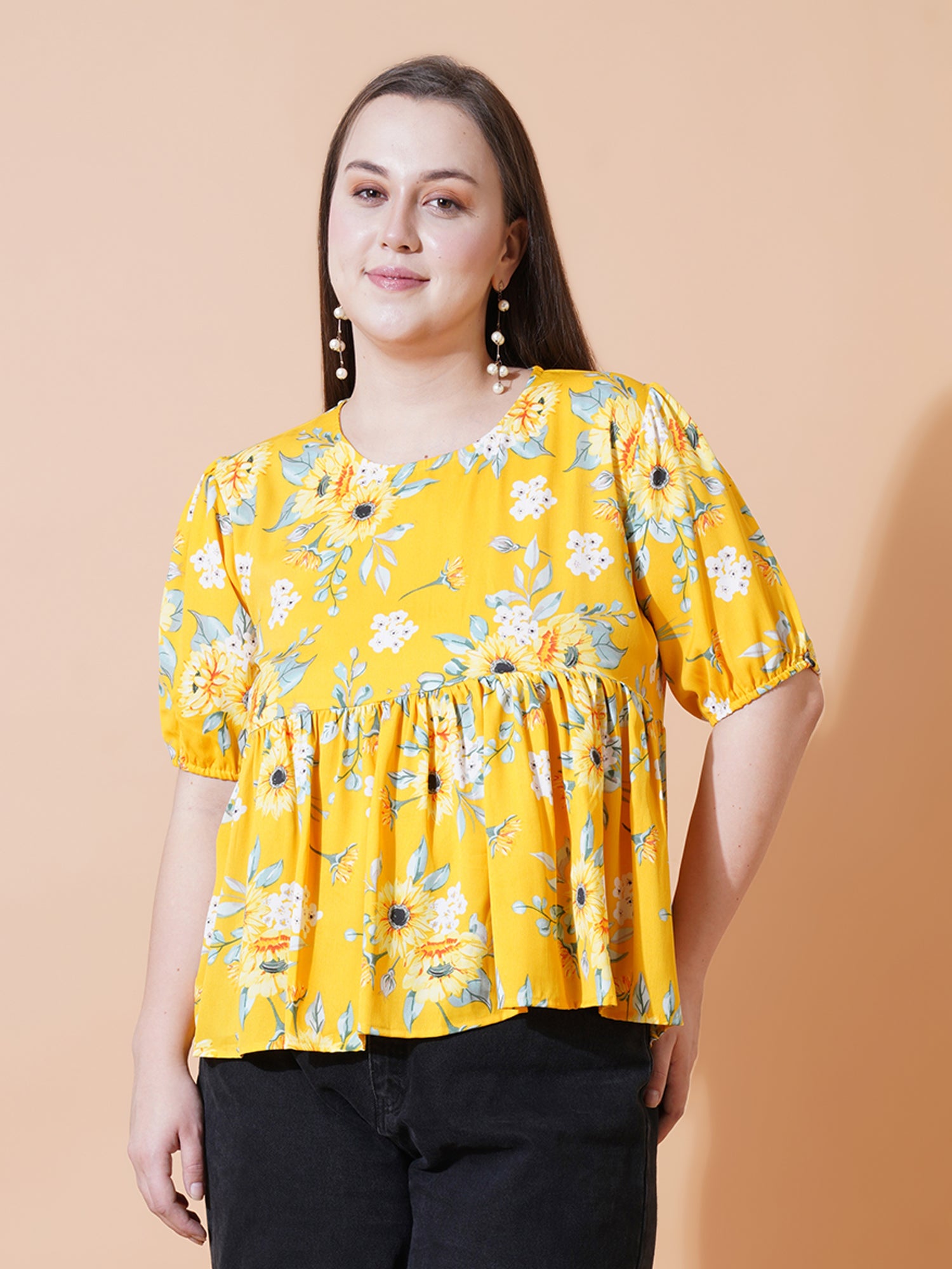 Women Plus Size Floral Print Puff Sleeve Crepe Top