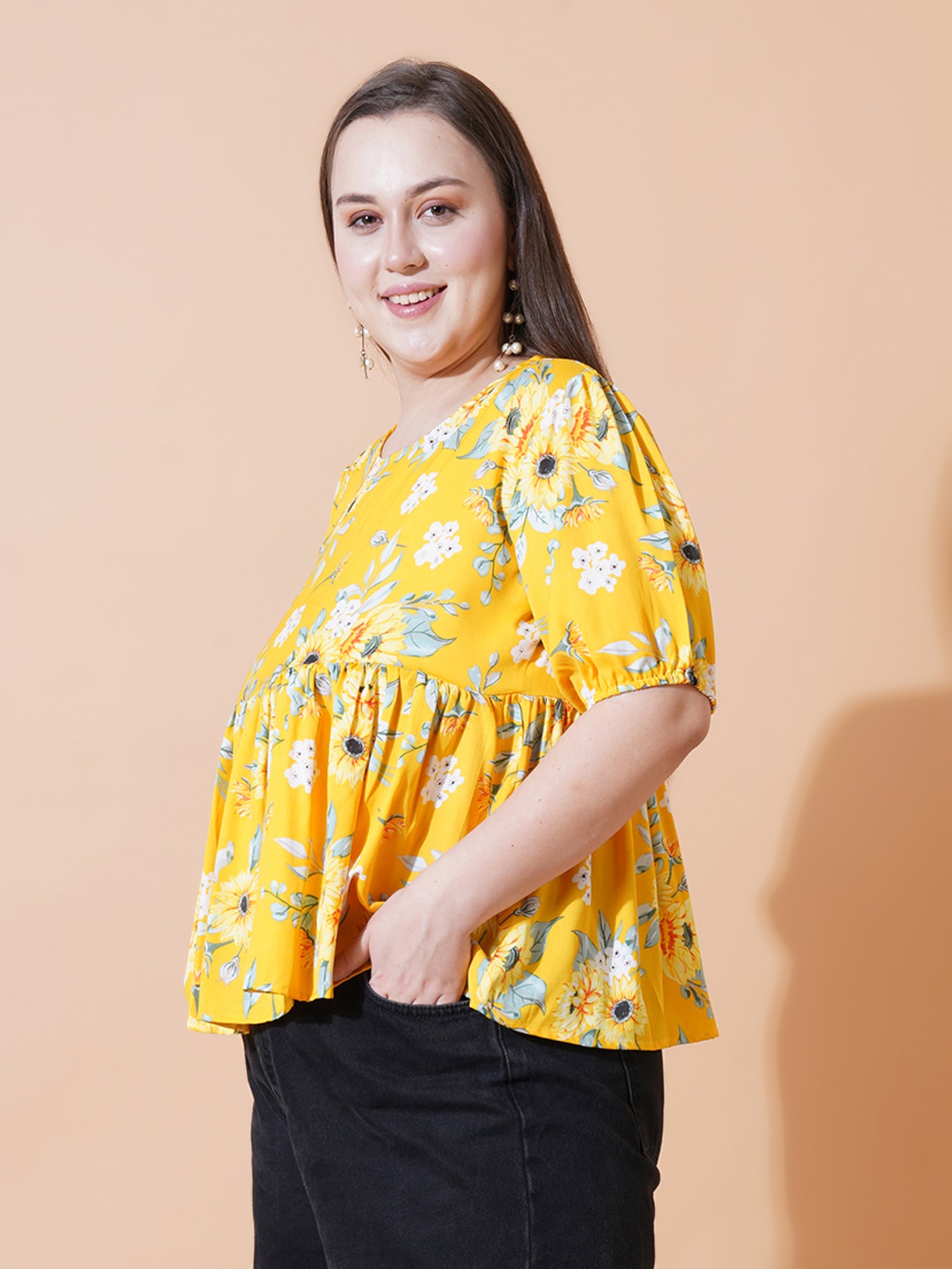 Women Plus Size Floral Print Puff Sleeve Crepe Top