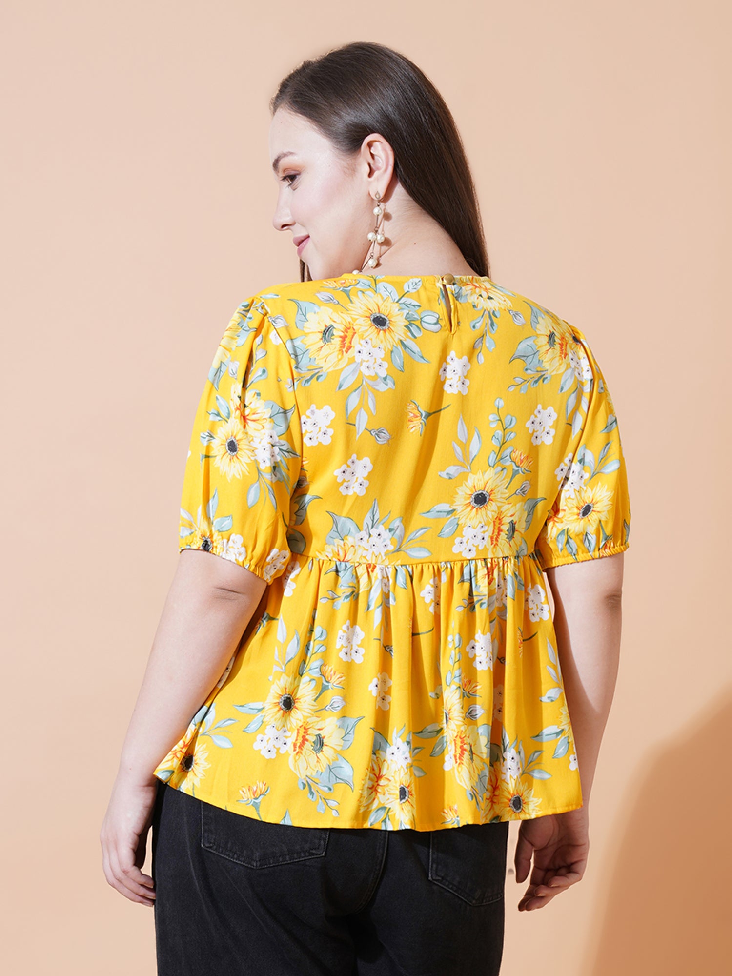 Women Plus Size Floral Print Puff Sleeve Crepe Top