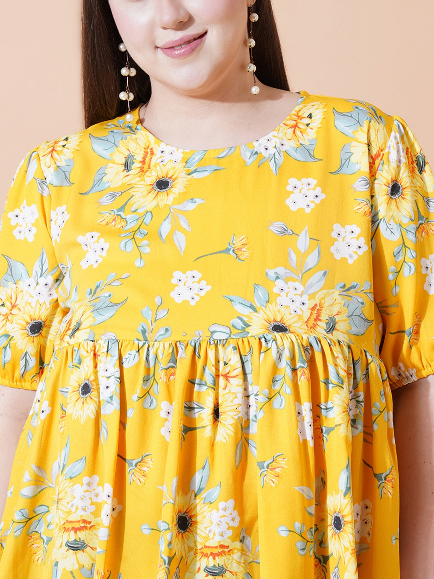 Women Plus Size Floral Print Puff Sleeve Crepe Top