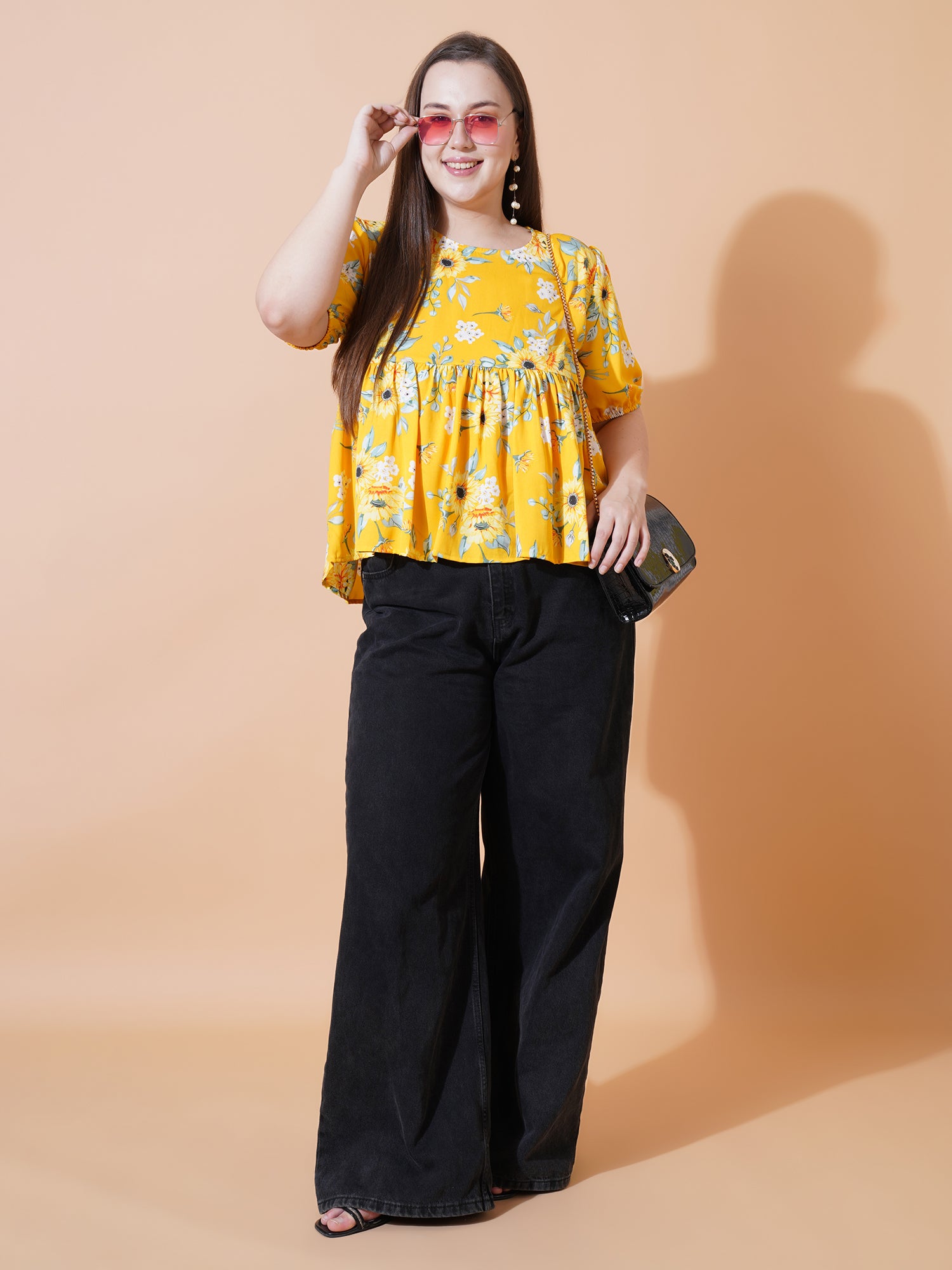 Women Plus Size Floral Print Puff Sleeve Crepe Top