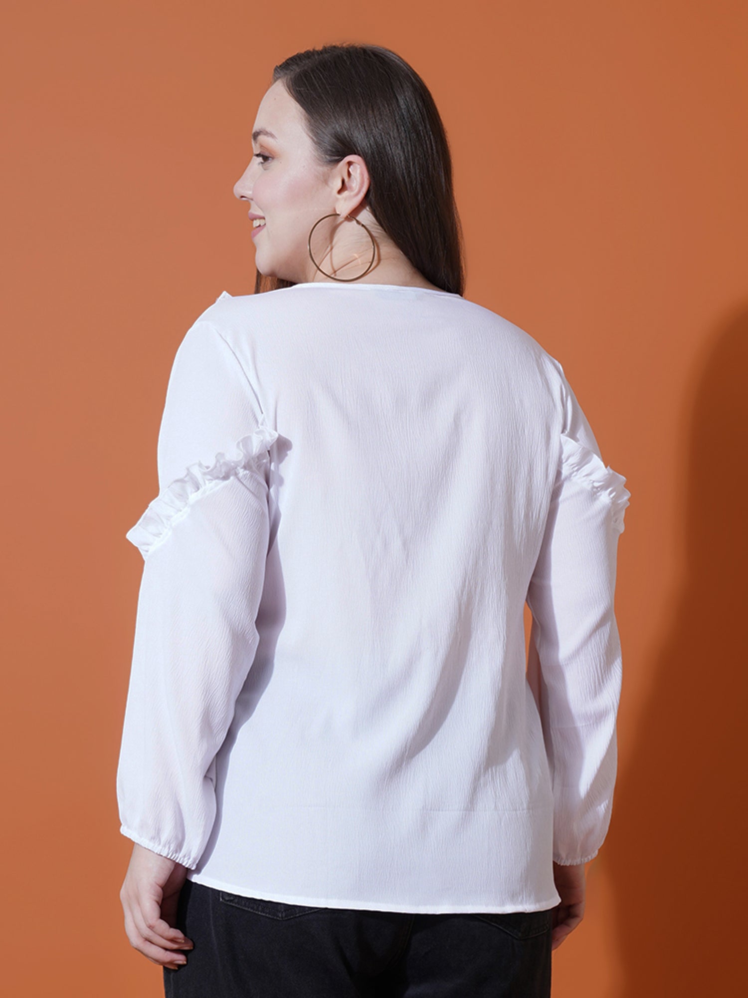 Women Plus Size Puff Sleeve Ruffles Crepe Top