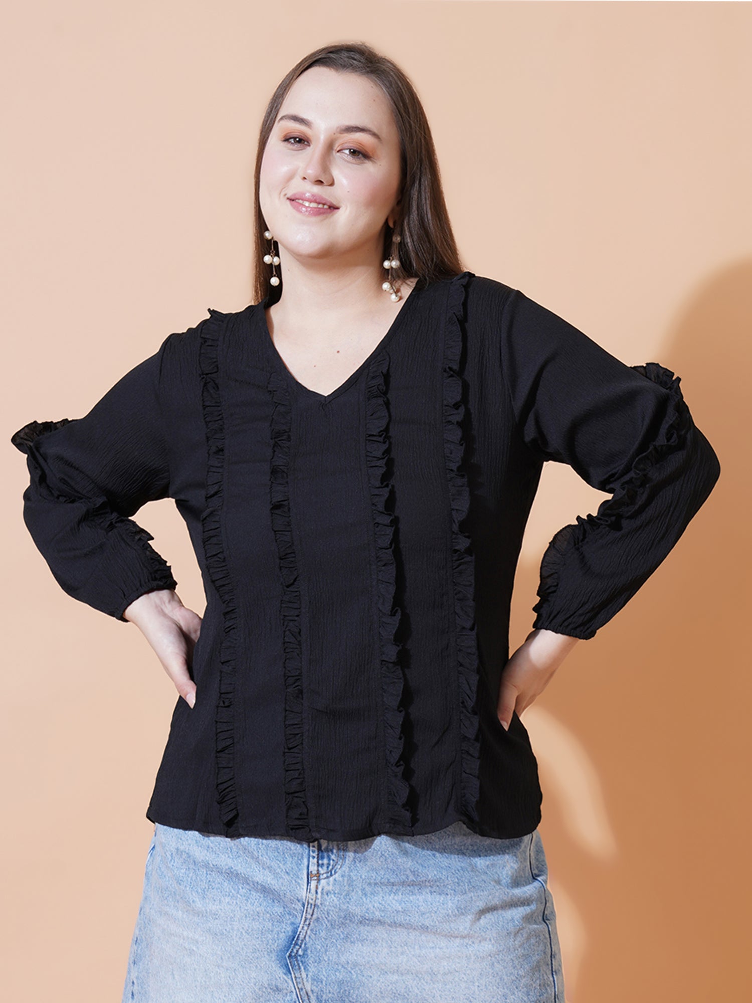Women Plus Size Puff Sleeve Ruffles Plus Size Top