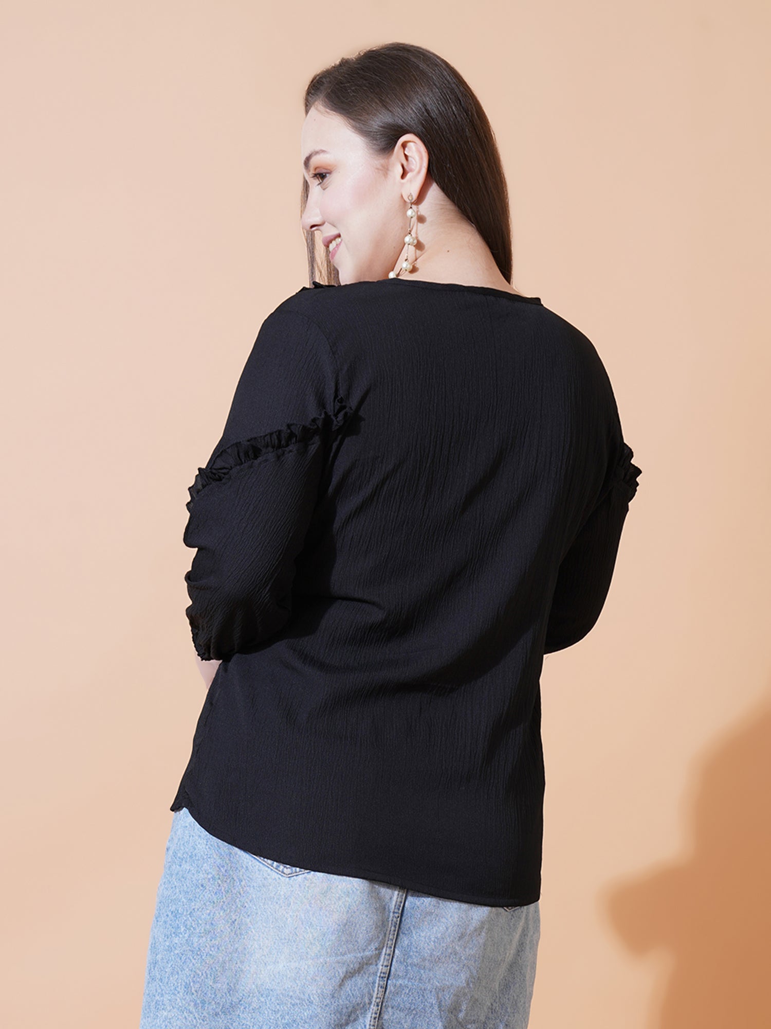 Women Plus Size Puff Sleeve Ruffles Plus Size Top