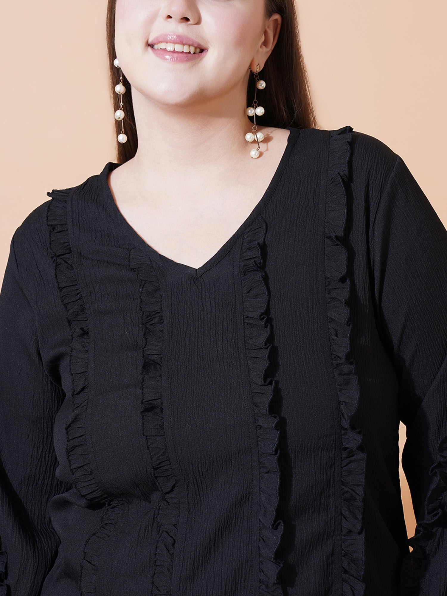 Women Plus Size Puff Sleeve Ruffles Plus Size Top