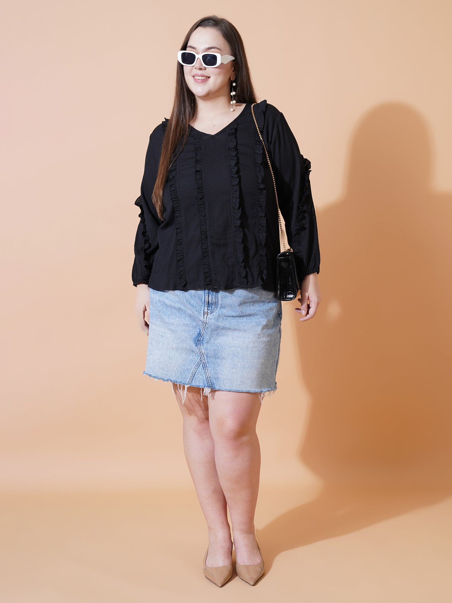 Women Plus Size Puff Sleeve Ruffles Plus Size Top